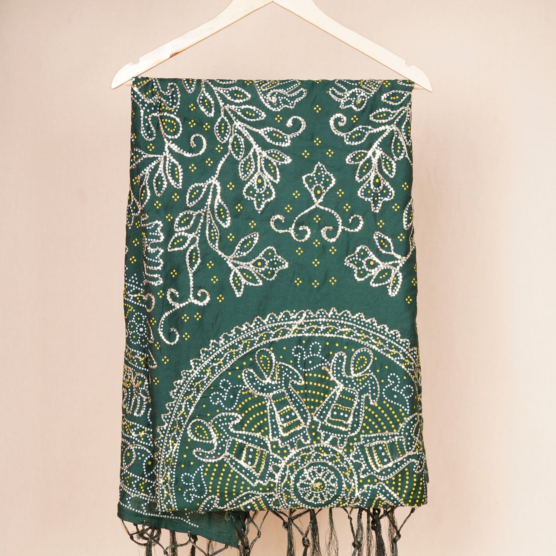 Green Bandhani Zari Sequin embroidery Cotton Silk Dupatta
