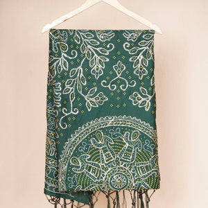 Green Bandhani Zari Sequin embroidery Cotton Silk Dupatta