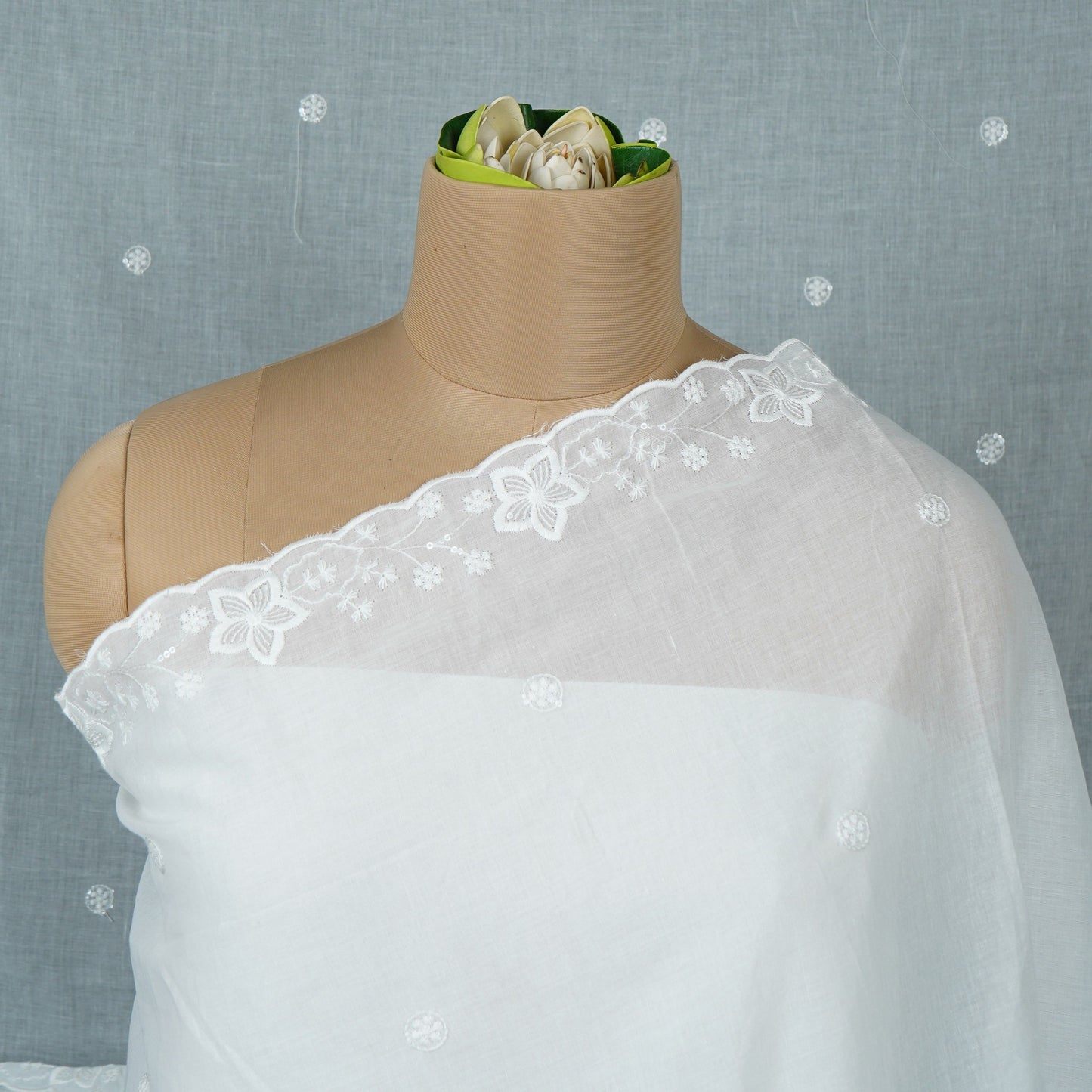 White Dyeable thread embroidery Mulmul Dupatta SST-31018