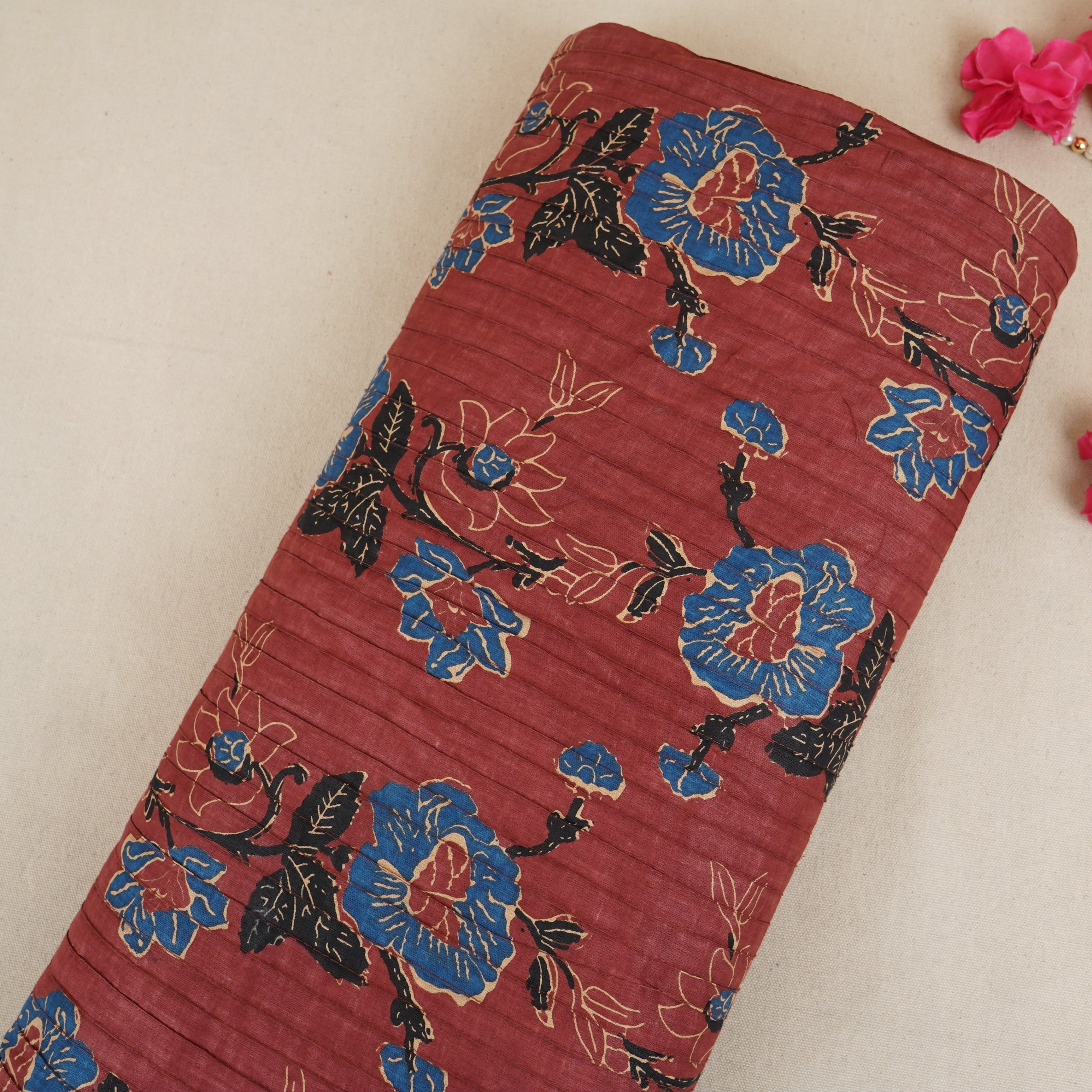 Wine with Blue Floral Pintuck Cotton Fabric CH-29805 - TradeUNO
