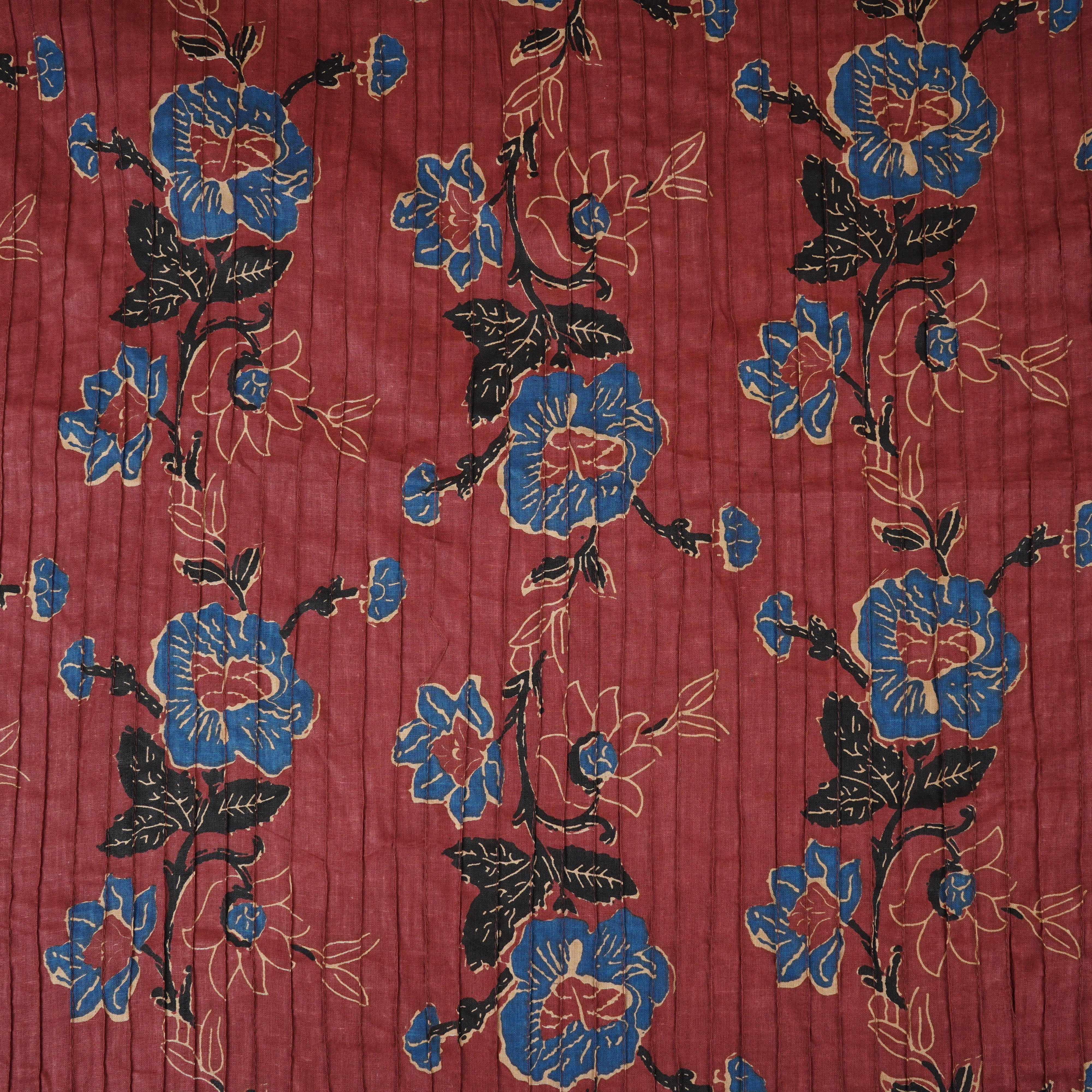 Wine with Blue Floral Pintuck Cotton Fabric CH-29805 - TradeUNO