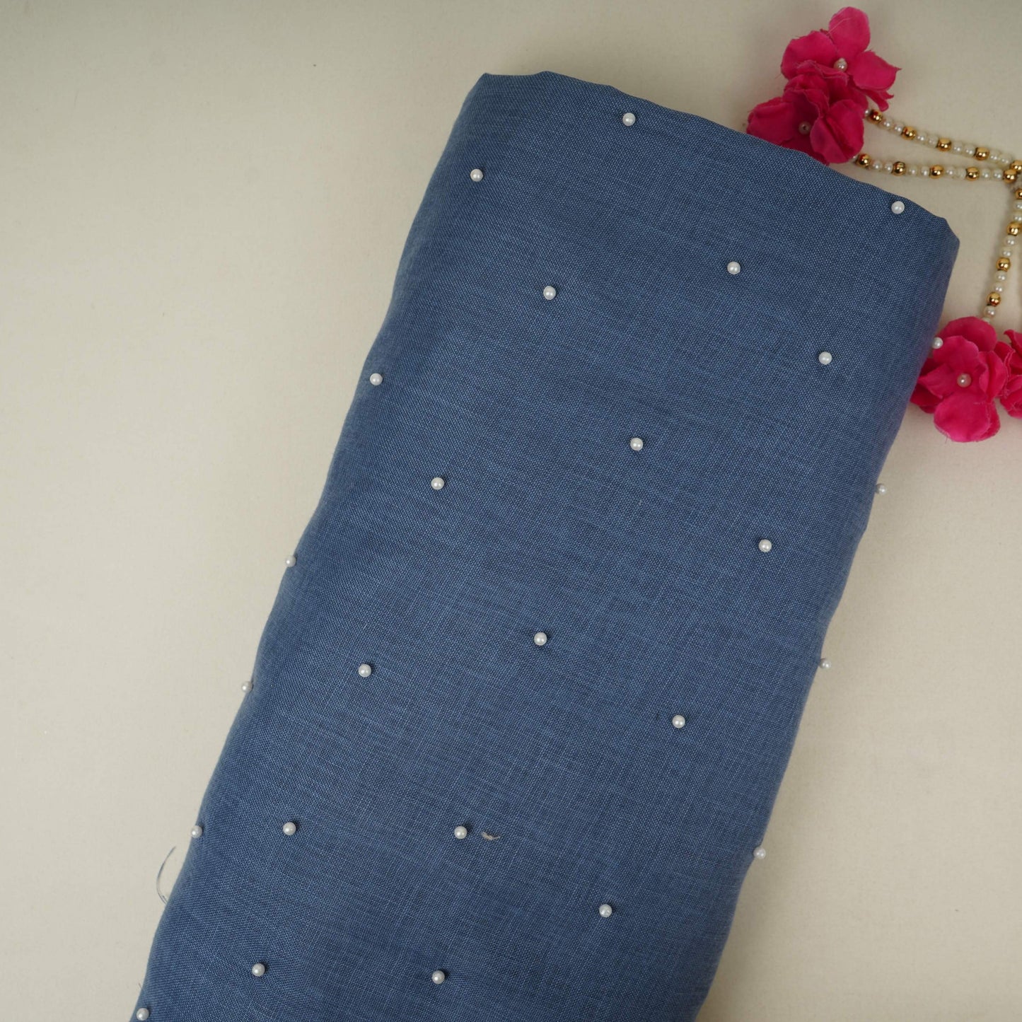 Denim Blue Beads Work Linen Fabric SU-31875