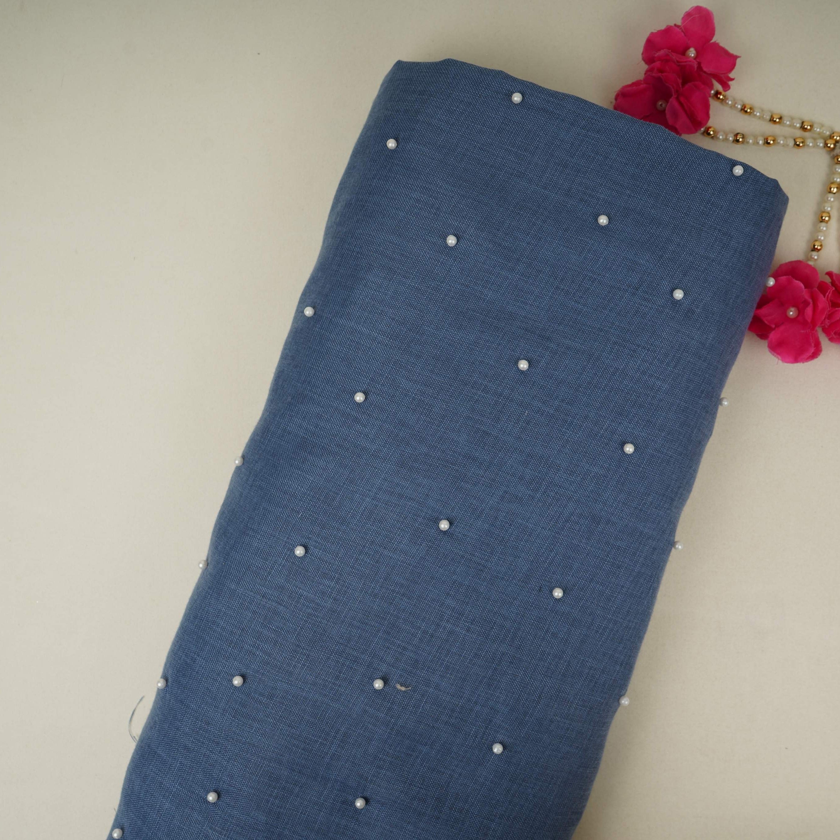 Denim Blue Beads Work Linen Fabric SU-31875 - TradeUNO