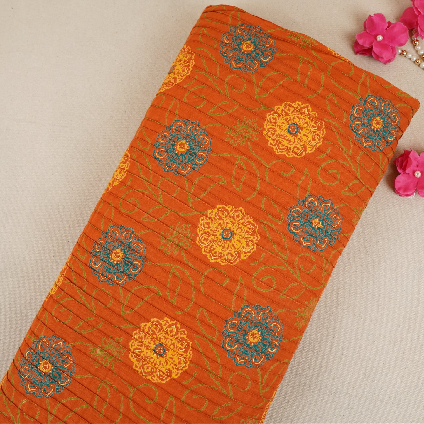 Orange with Yellow Floral Pintuck Cotton Fabric CH-29801