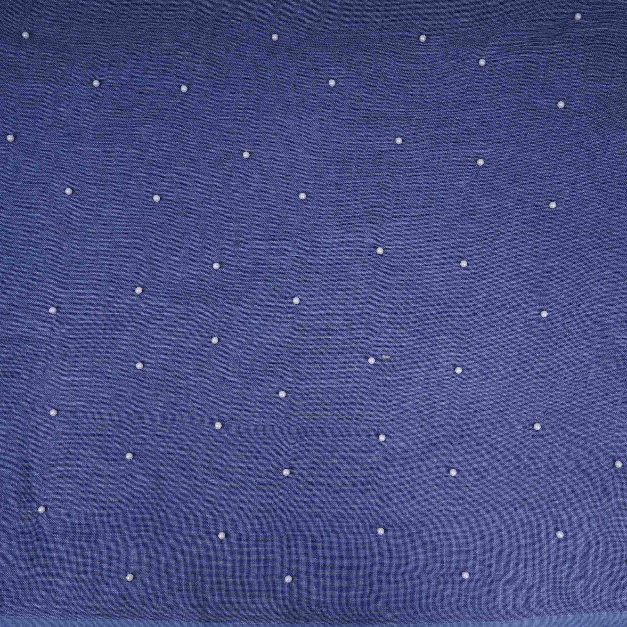 Denim Blue Beads Work Linen Fabric SU-31875 - TradeUNO