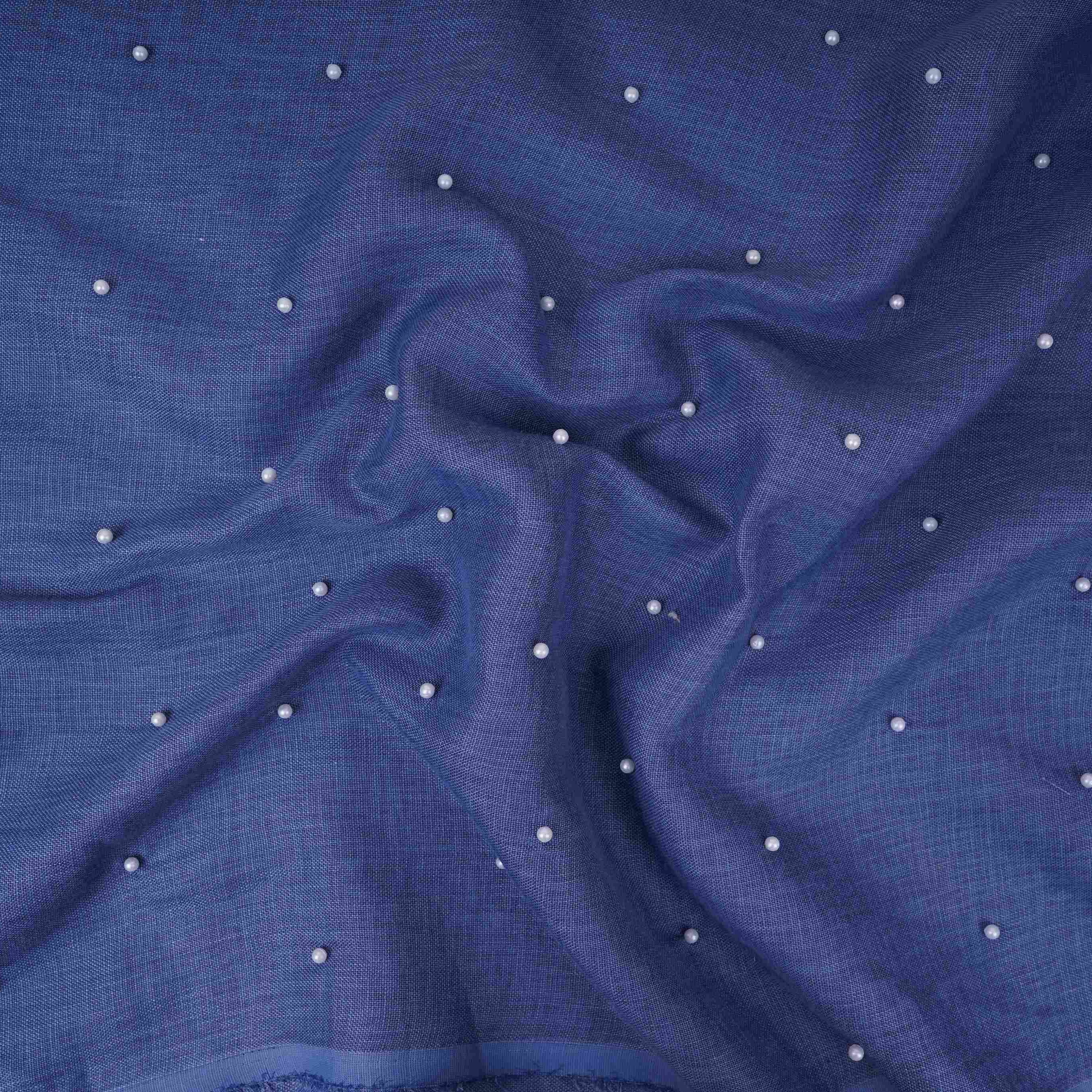 Denim Blue Beads Work Linen Fabric SU-31875 - TradeUNO