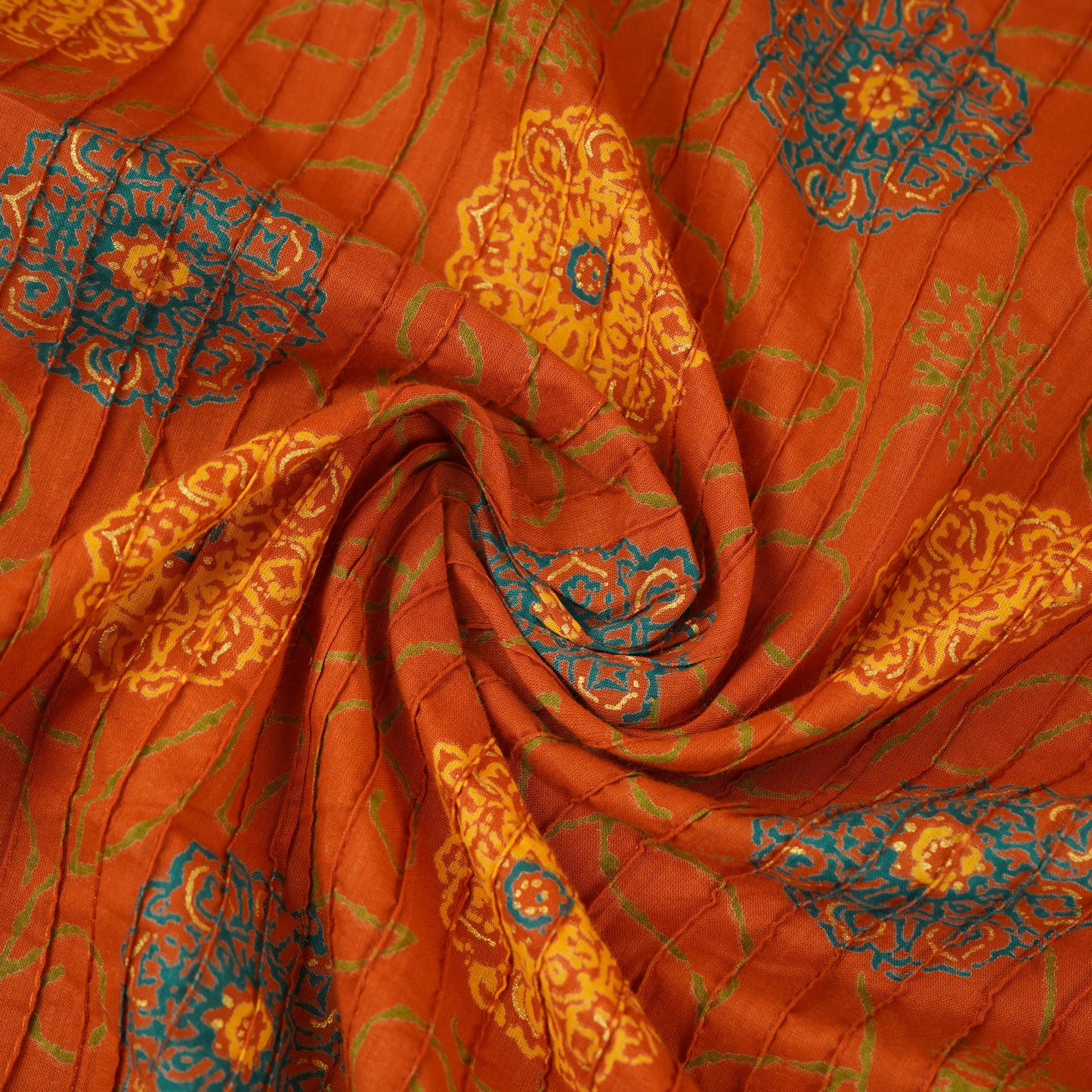 Orange with Yellow Floral Pintuck Cotton Fabric CH-29801