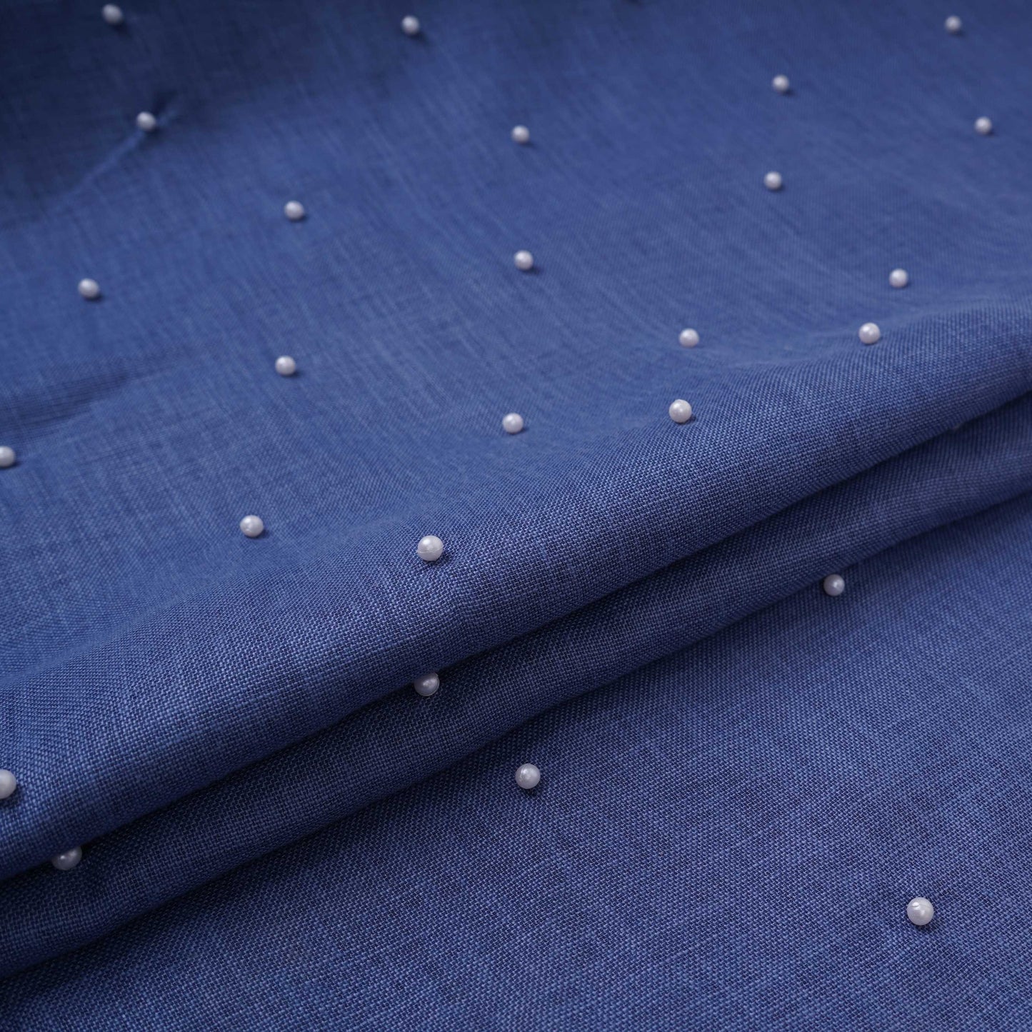 Denim Blue Beads Work Linen Fabric SU-31875