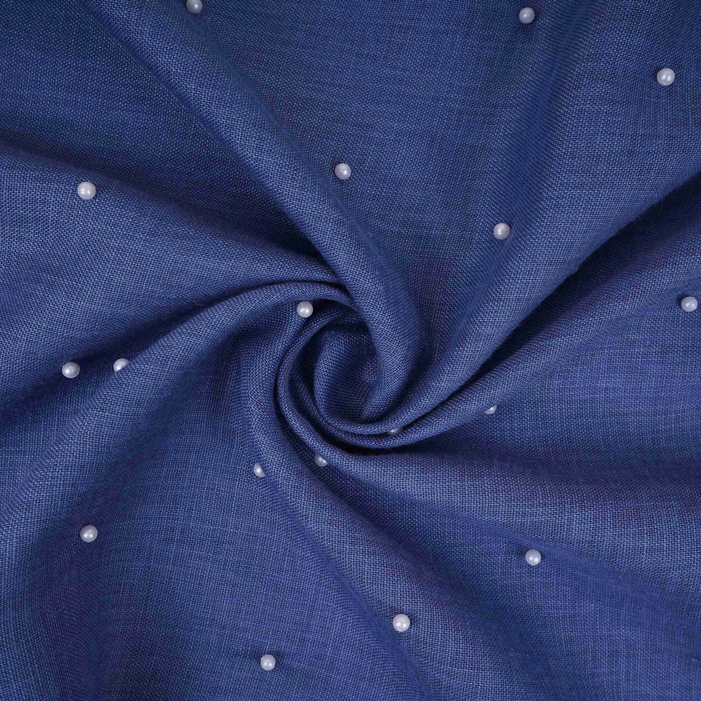 Denim Blue Beads Work Linen Fabric SU-31875