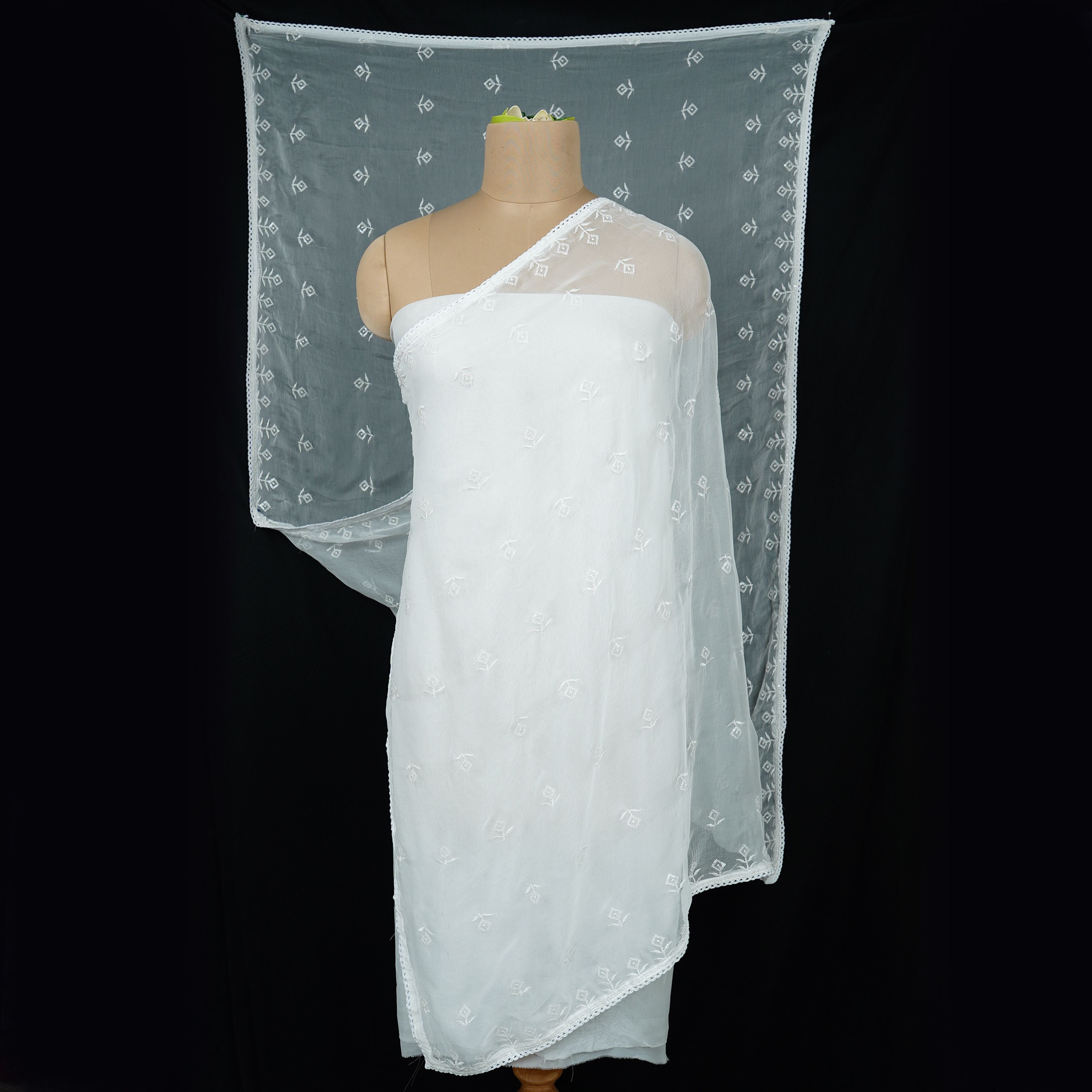 White Dyeable thread embroidery Chiffon Dupatta SST-31020 - TradeUNO