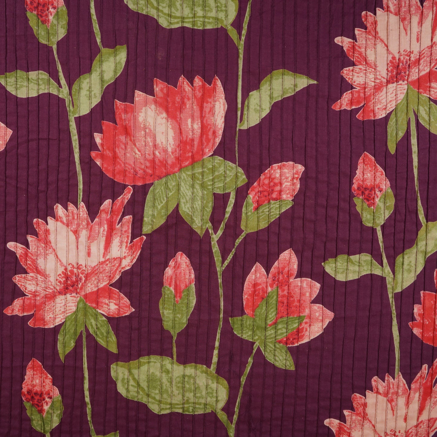 Purple with Green Floral Pintuck Cotton Fabric CH-29802