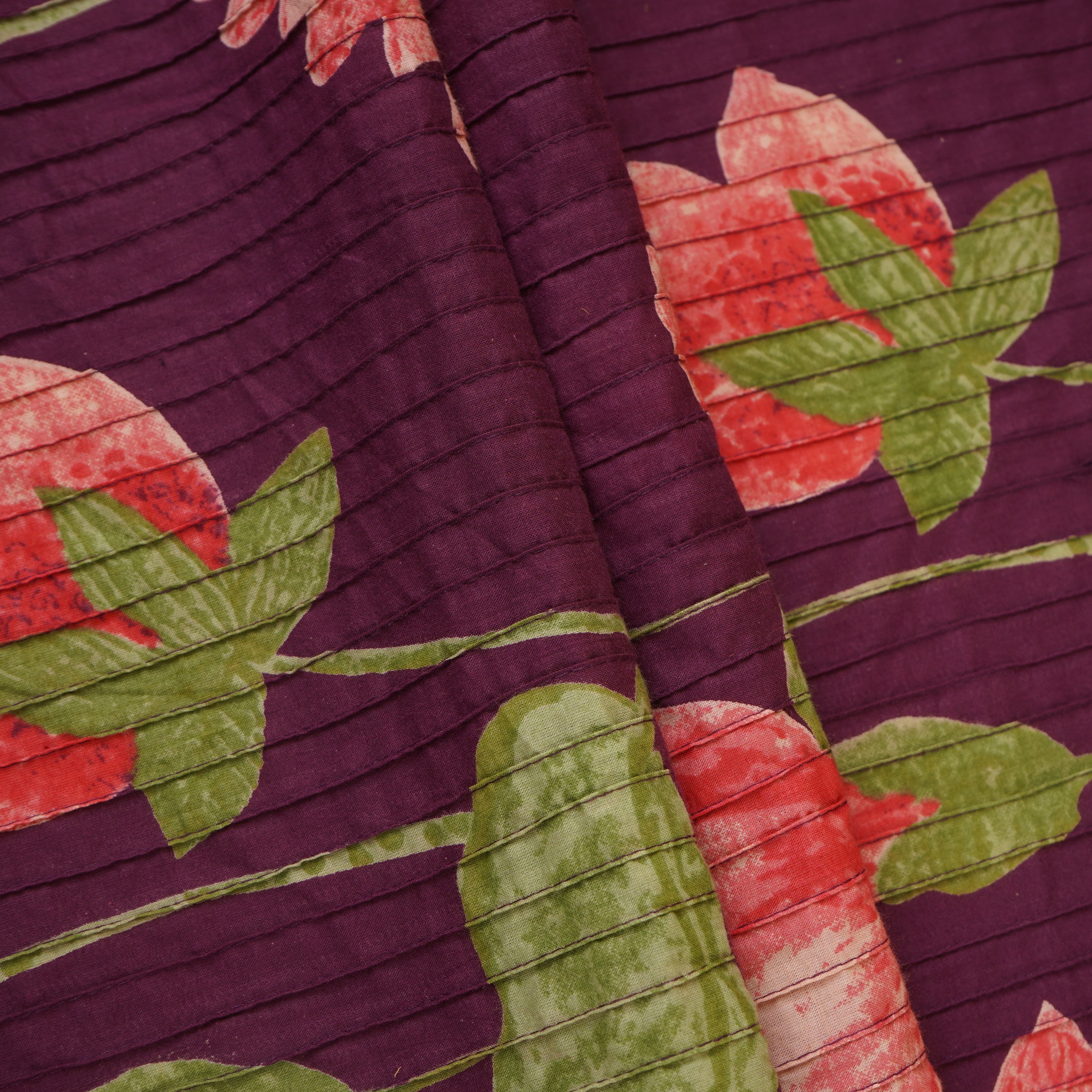 Purple with Green Floral Pintuck Cotton Fabric CH-29802 - TradeUNO