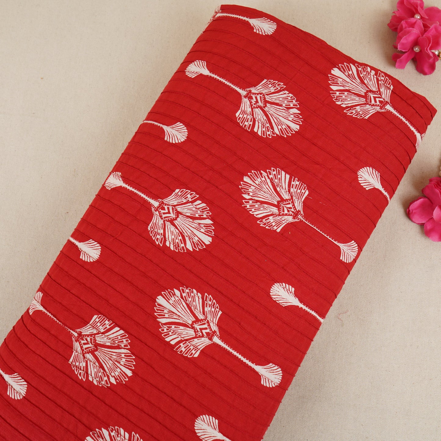 Red with White Floral Pintuck Cotton Fabric CH-29803