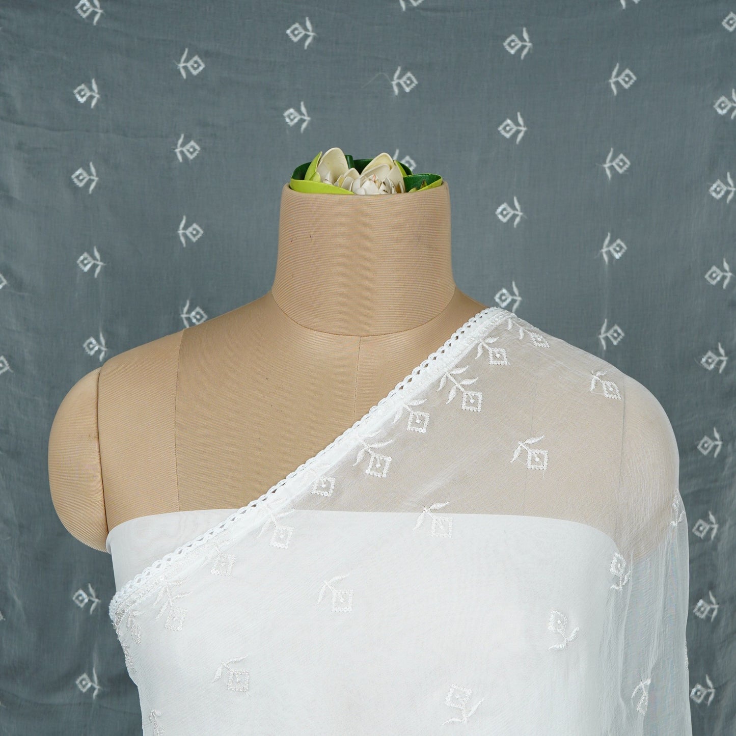 White Dyeable thread embroidery Chiffon Dupatta SST-31020