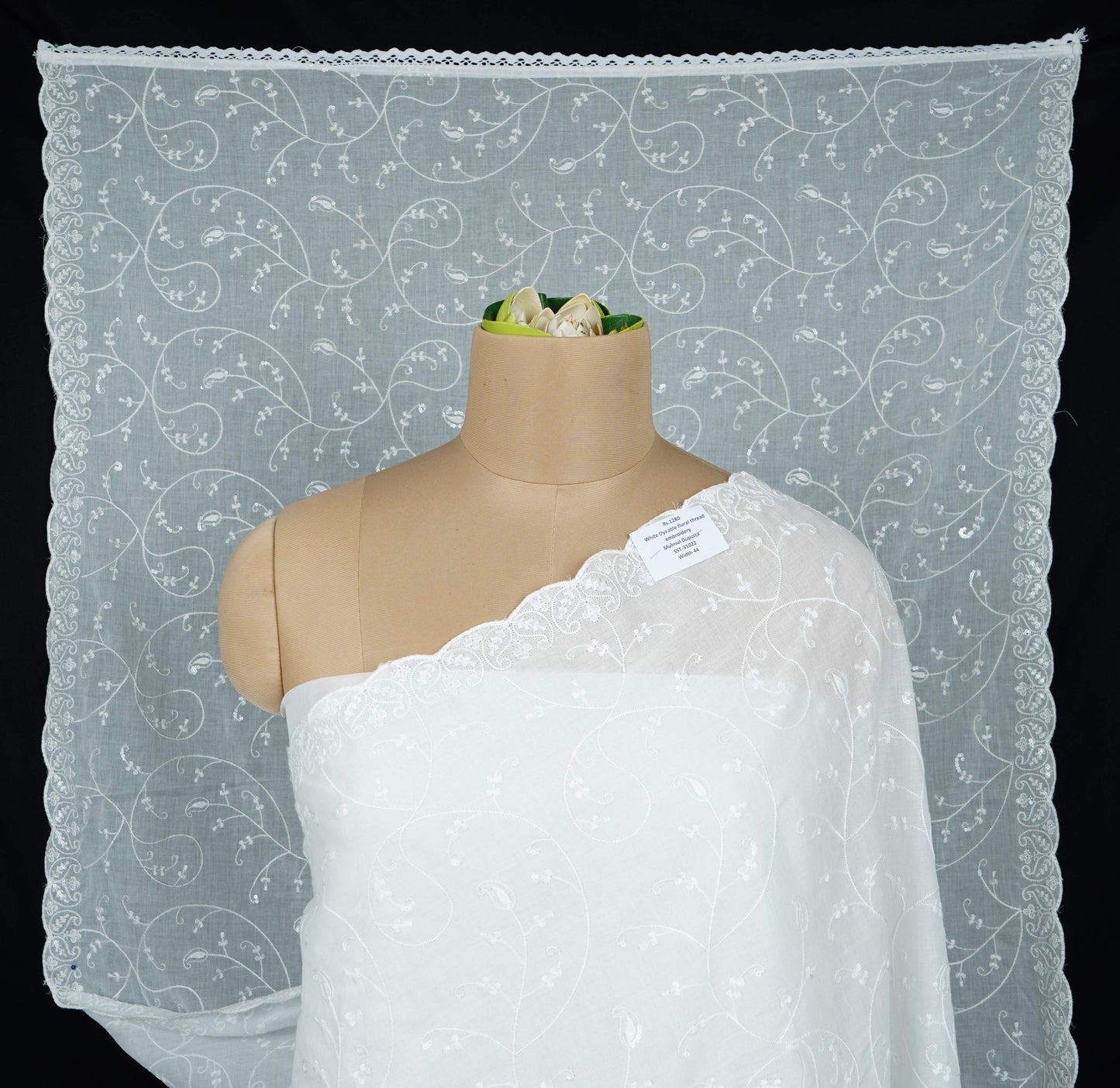 White Dyeable floral thread embroidery Mulmul Dupatta SST-31022