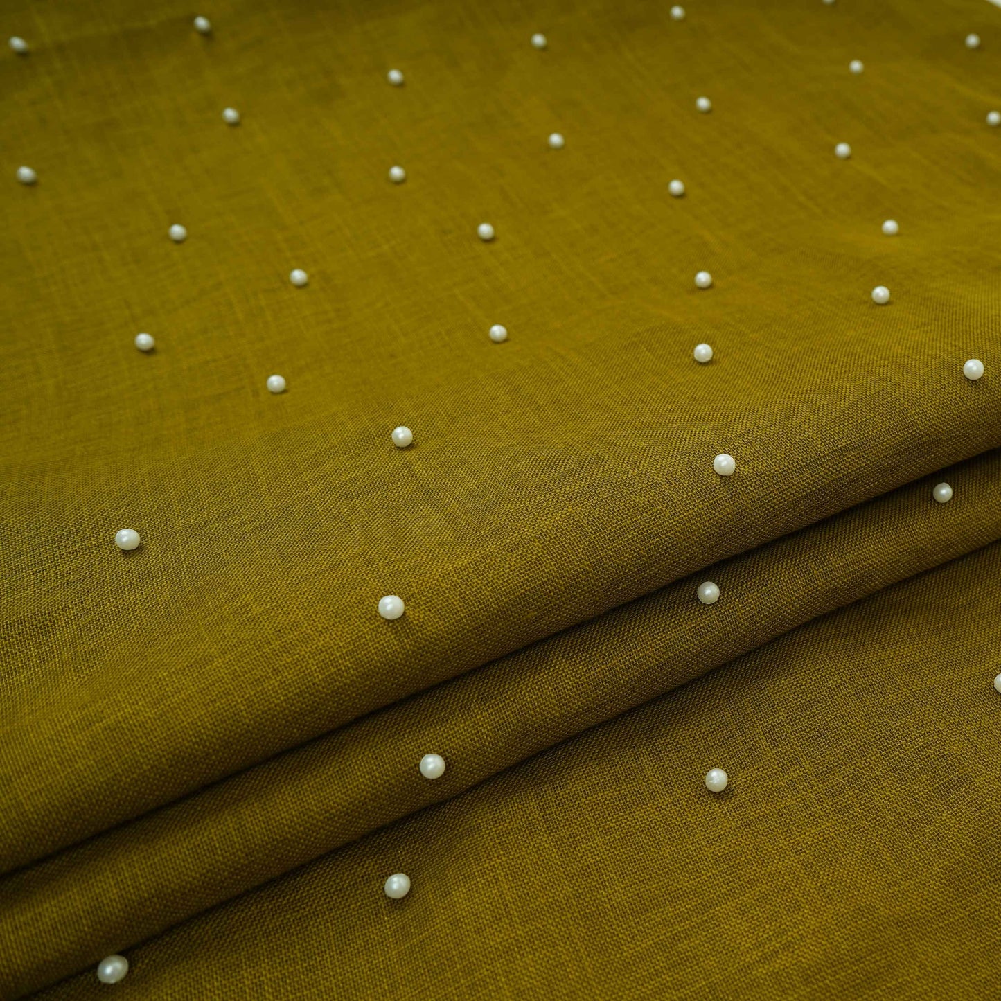 Olive Green Beads Work Linen Fabric SU-31872