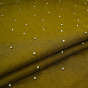 Olive Green Beads Work Linen Fabric SU-31872 - TradeUNO