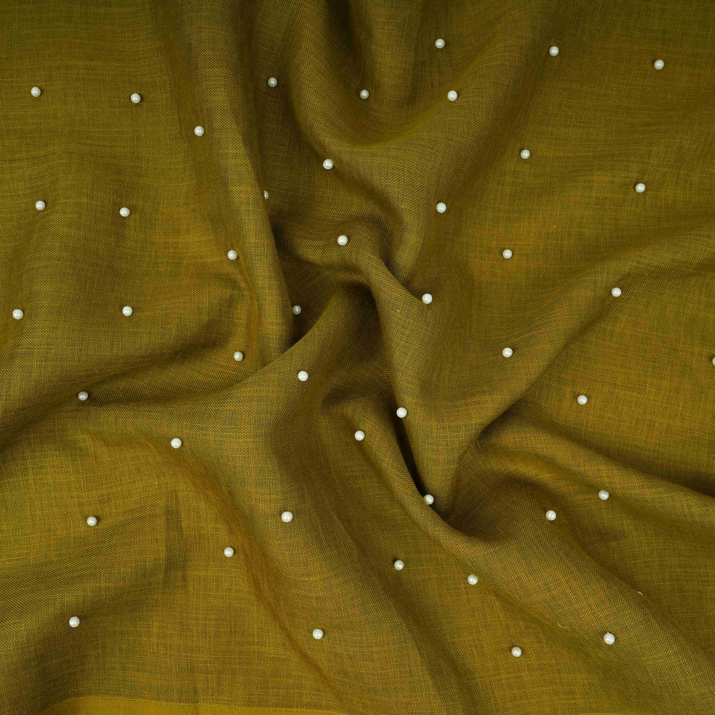 Olive Green Beads Work Linen Fabric SU-31872