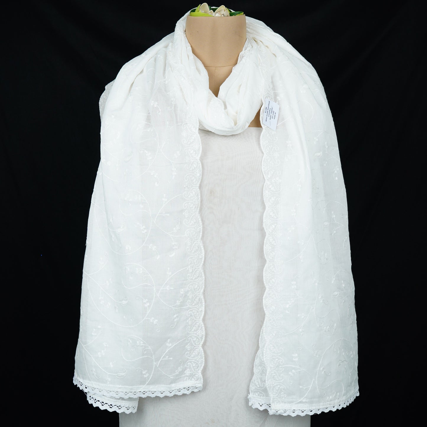 White Dyeable floral thread embroidery Mulmul Dupatta SST-31022