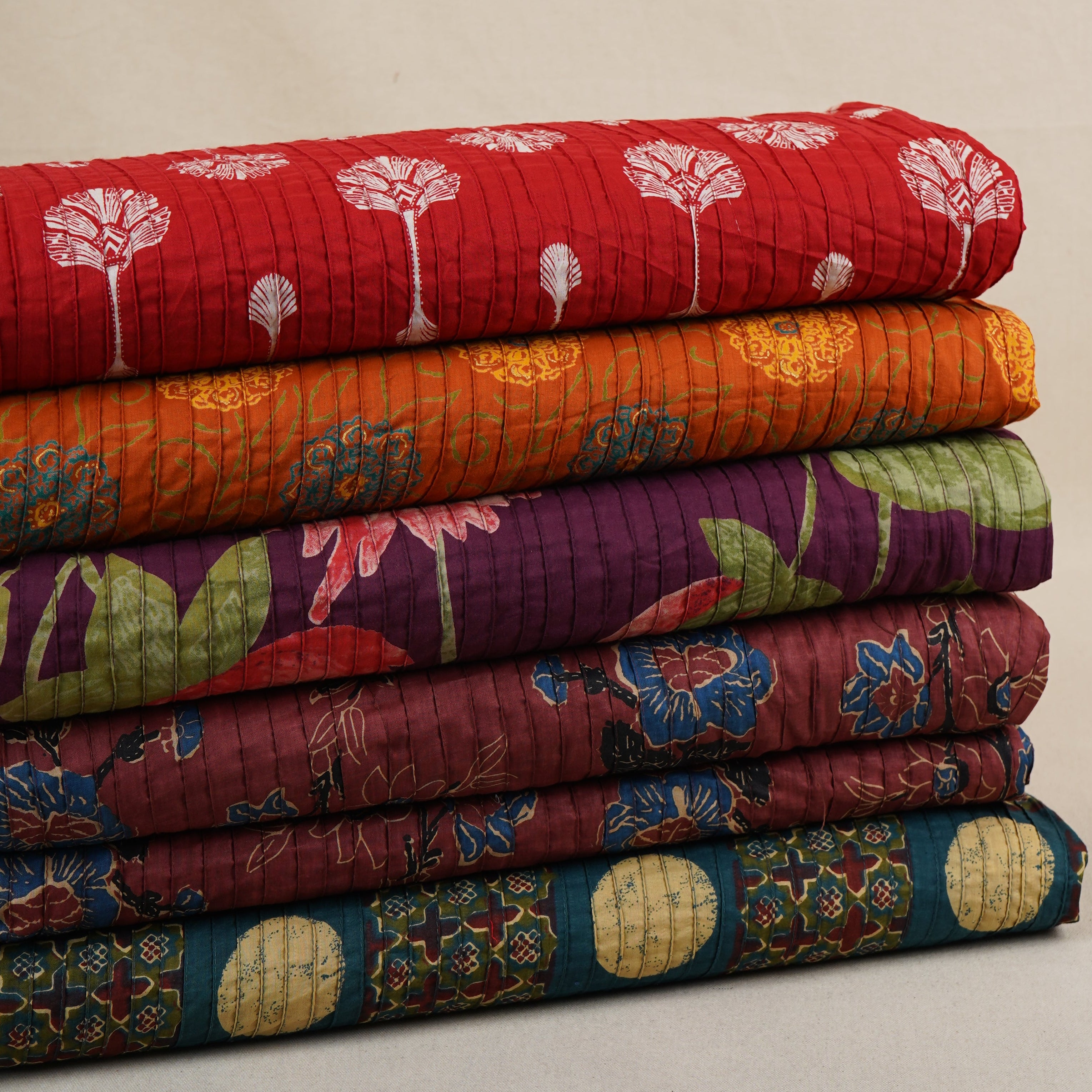 Purple with Green Floral Pintuck Cotton Fabric CH-29802 - TradeUNO