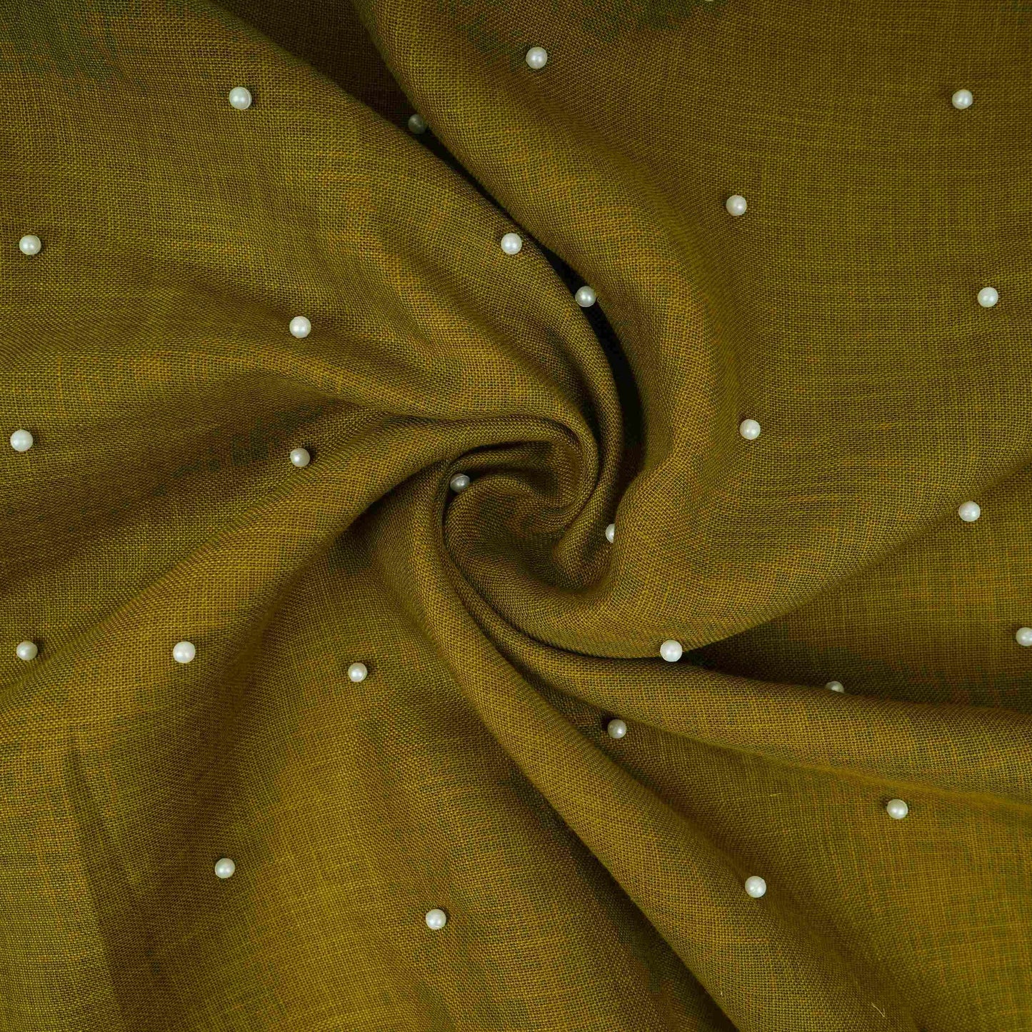 Olive Green Beads Work Linen Fabric SU-31872