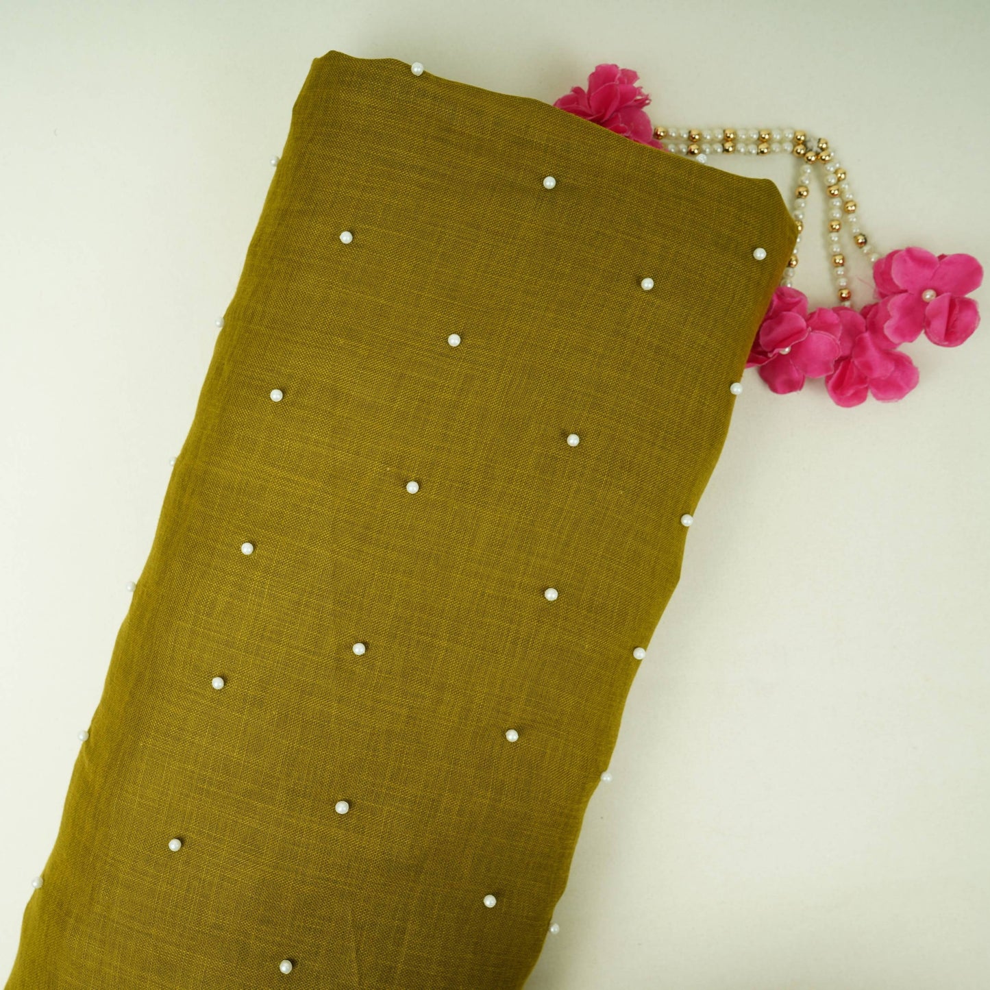 Olive Green Beads Work Linen Fabric SU-31872