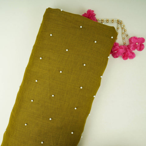 Olive Green Beads Work Linen Fabric SU-31872