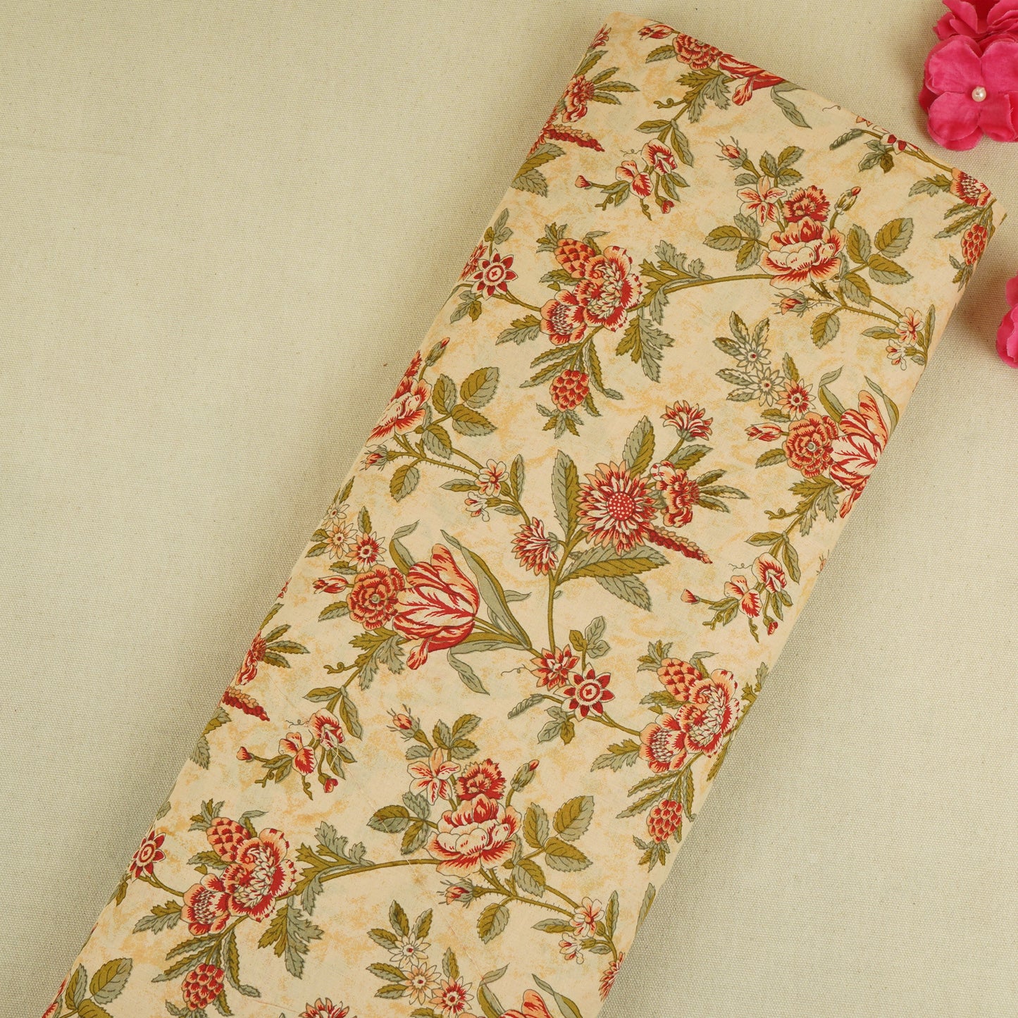 Beige & Red Floral Print Cotton Fabric PB-29750