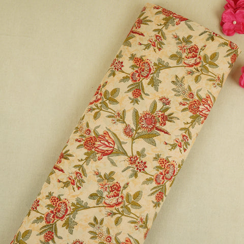 Beige & Red Floral Print Cotton Fabric PB-29750