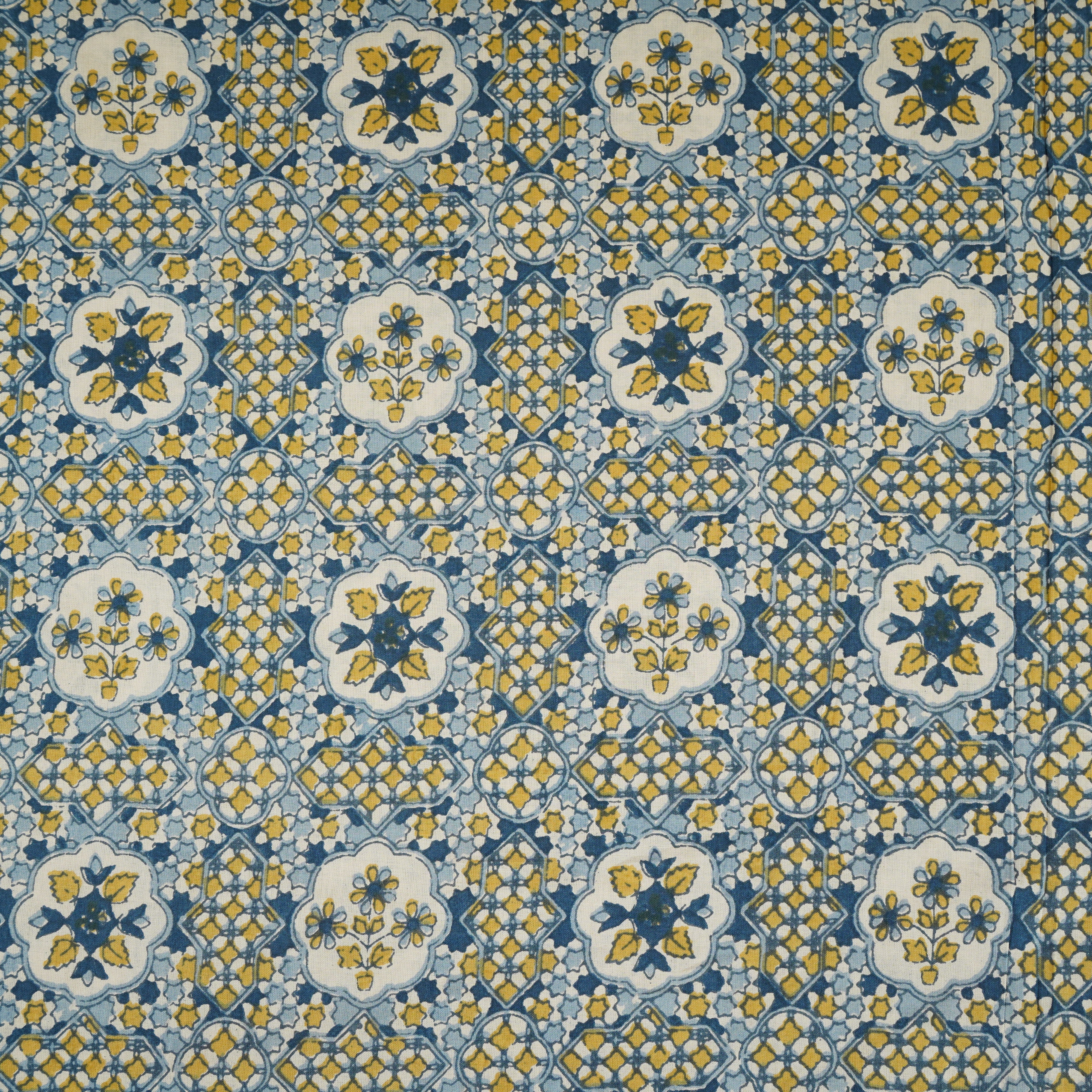 Blue & Yellow Mosaic Floral Print Cotton Fabric PB-29741 - TradeUNO