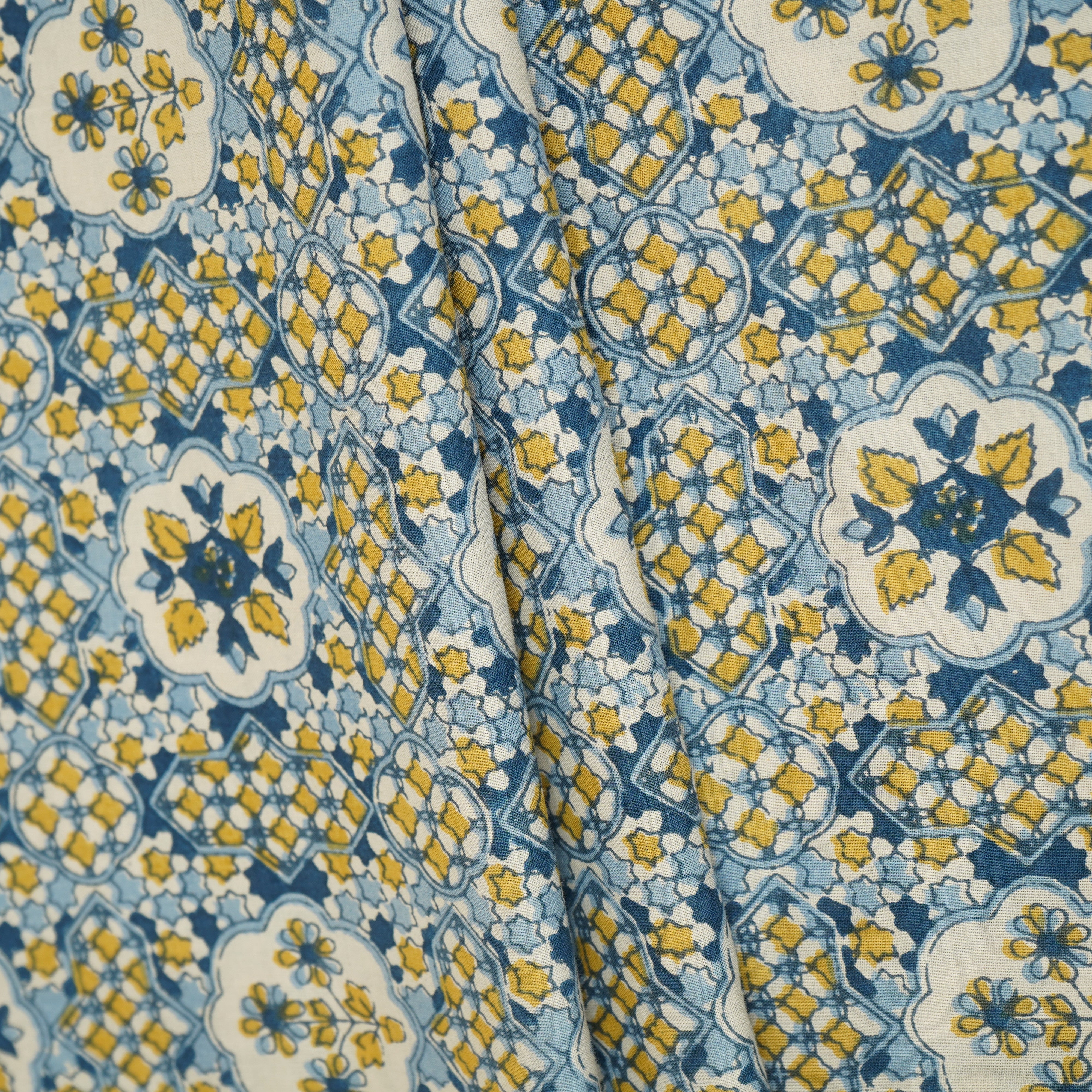 Blue & Yellow Mosaic Floral Print Cotton Fabric PB-29741 - TradeUNO