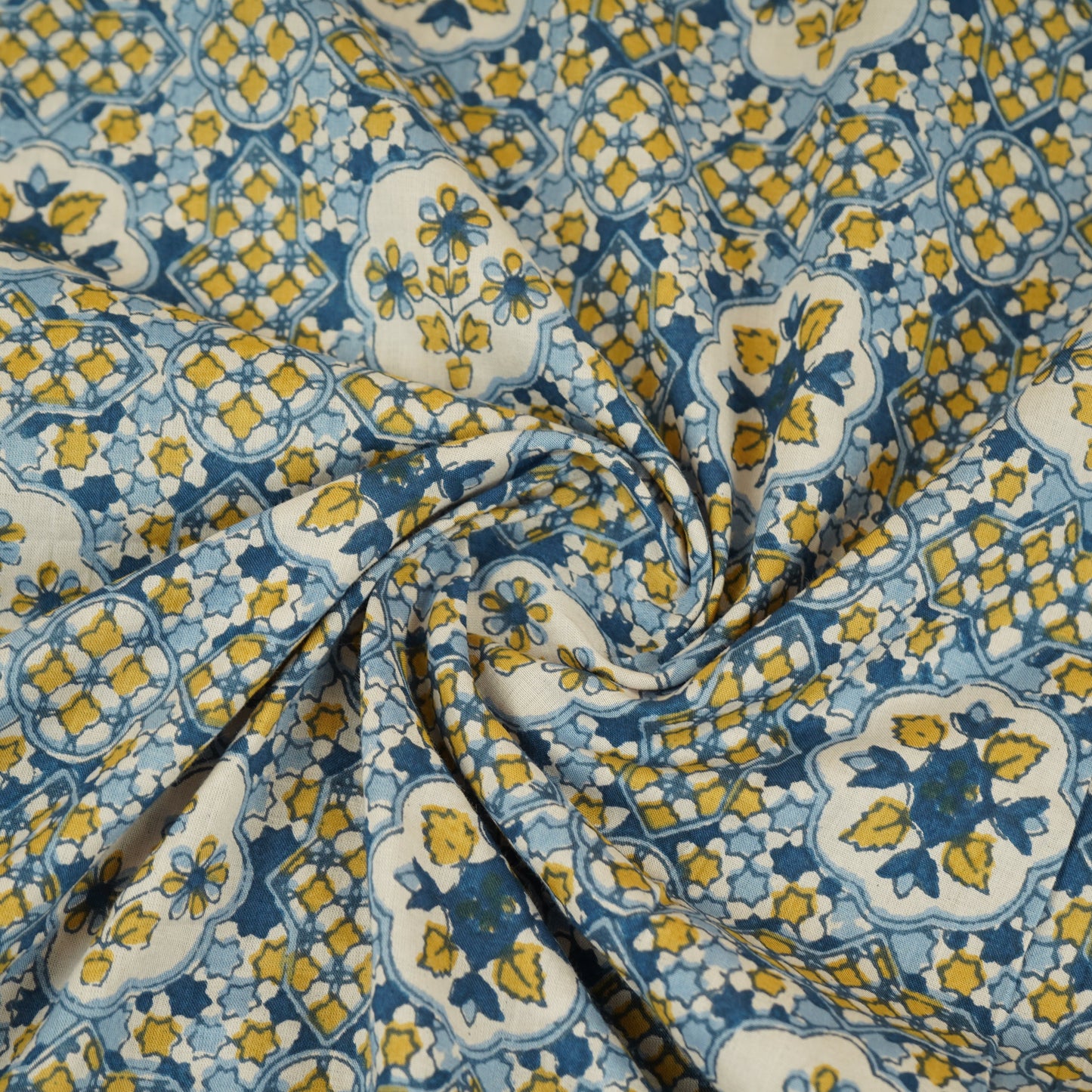 Blue & Yellow Mosaic Floral Print Cotton Fabric PB-29741 - TradeUNO