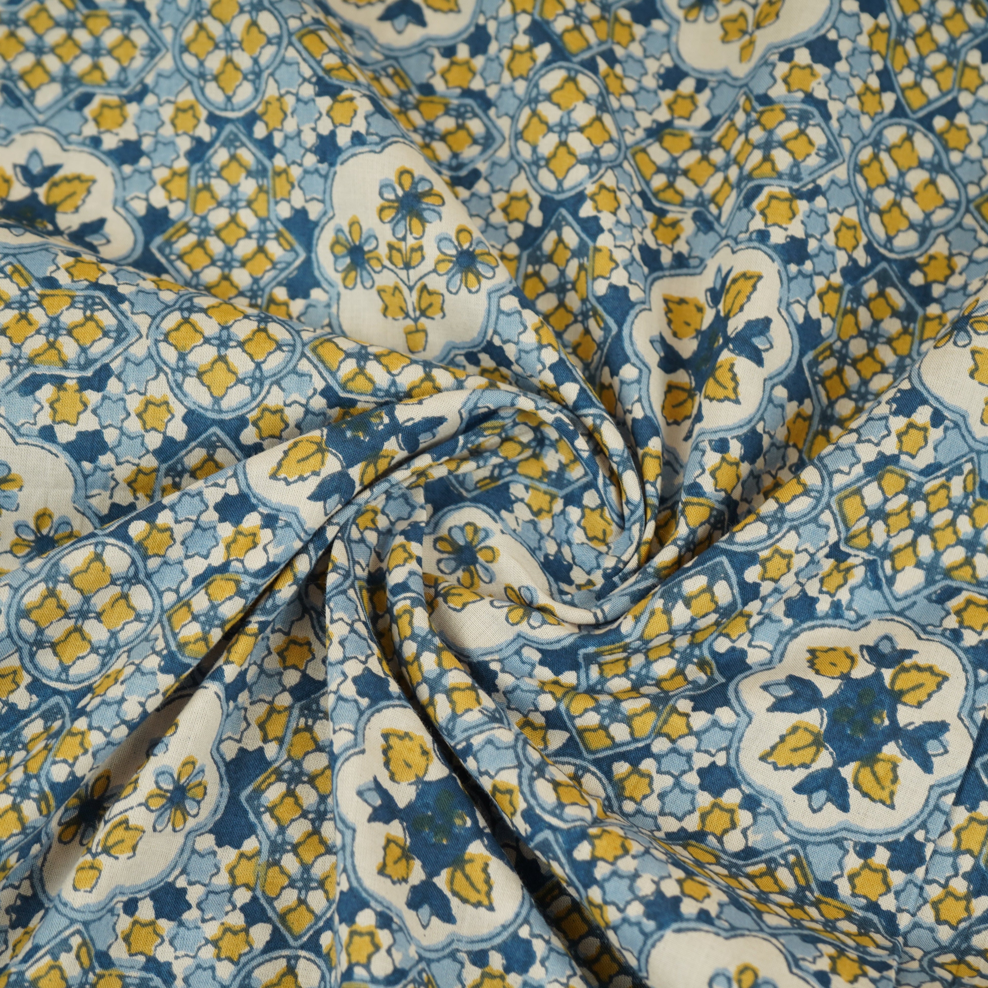 Blue & Yellow Mosaic Floral Print Cotton Fabric PB-29741 - TradeUNO