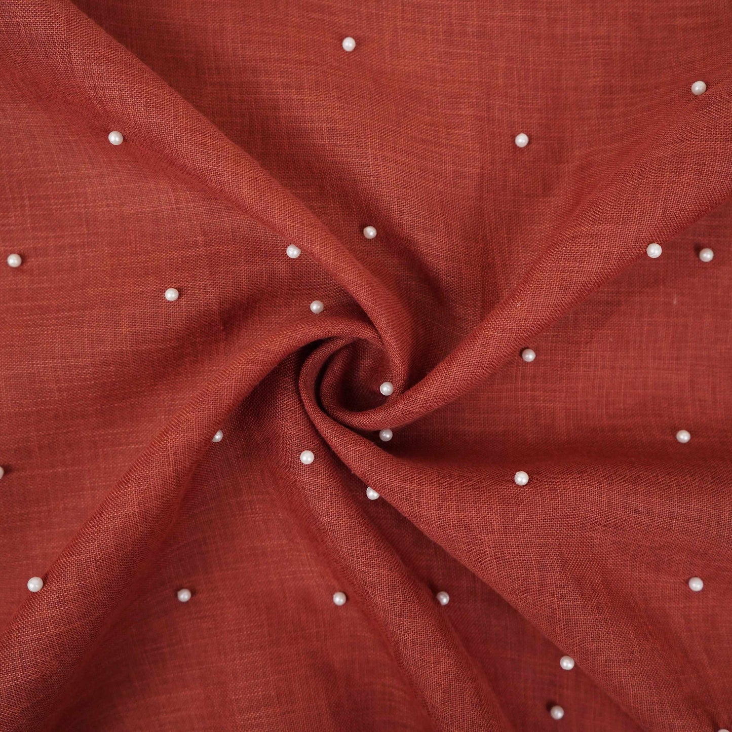 Brick Red Beads Work Linen Fabric SU-31873