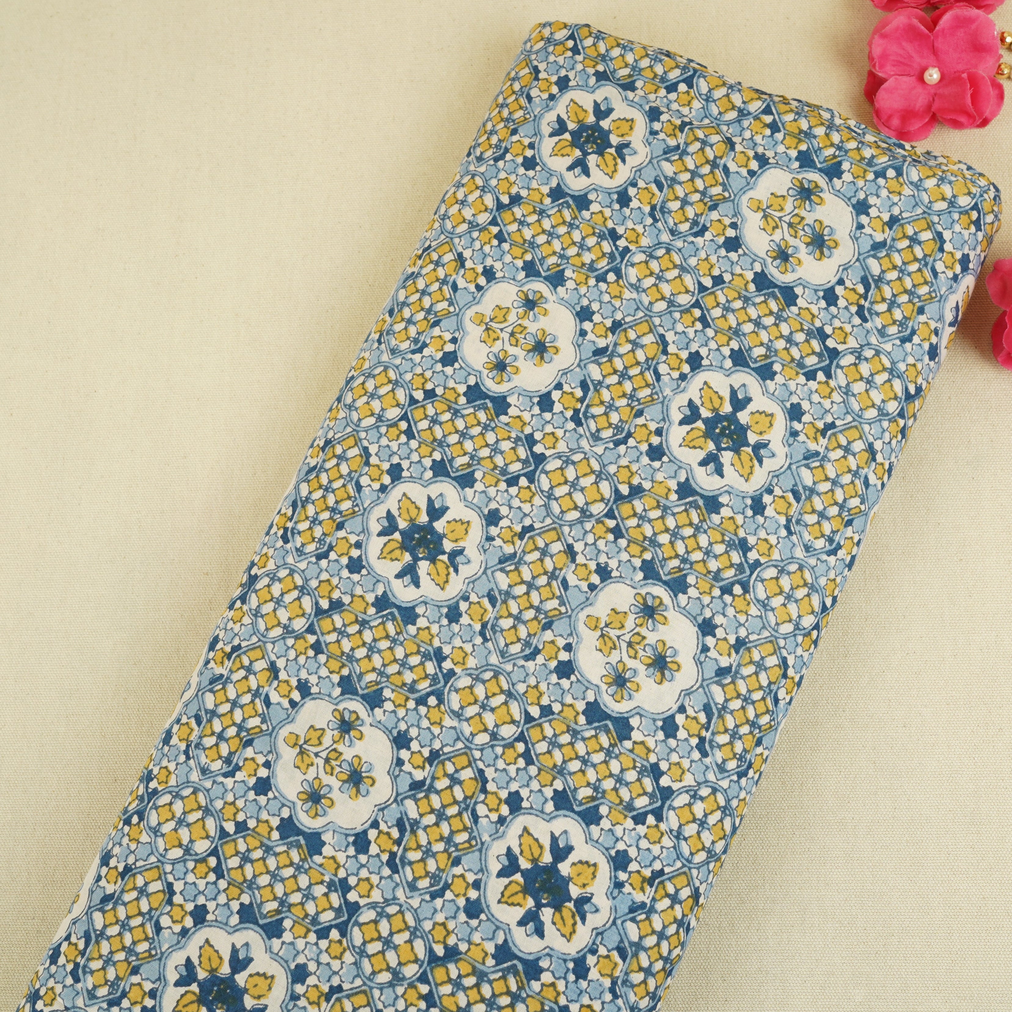 Blue & Yellow Mosaic Floral Print Cotton Fabric PB-29741 - TradeUNO