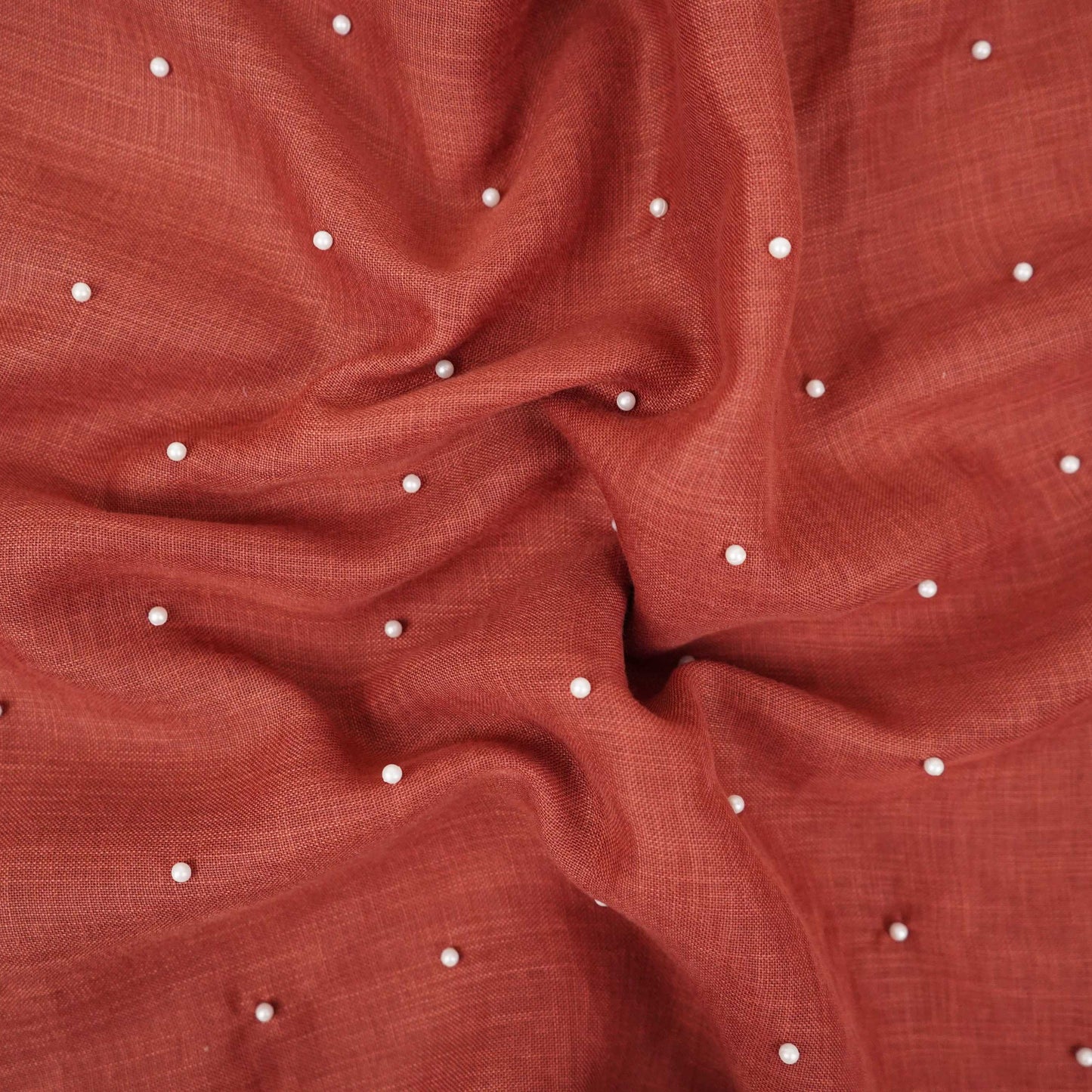 Brick Red Beads Work Linen Fabric SU-31873