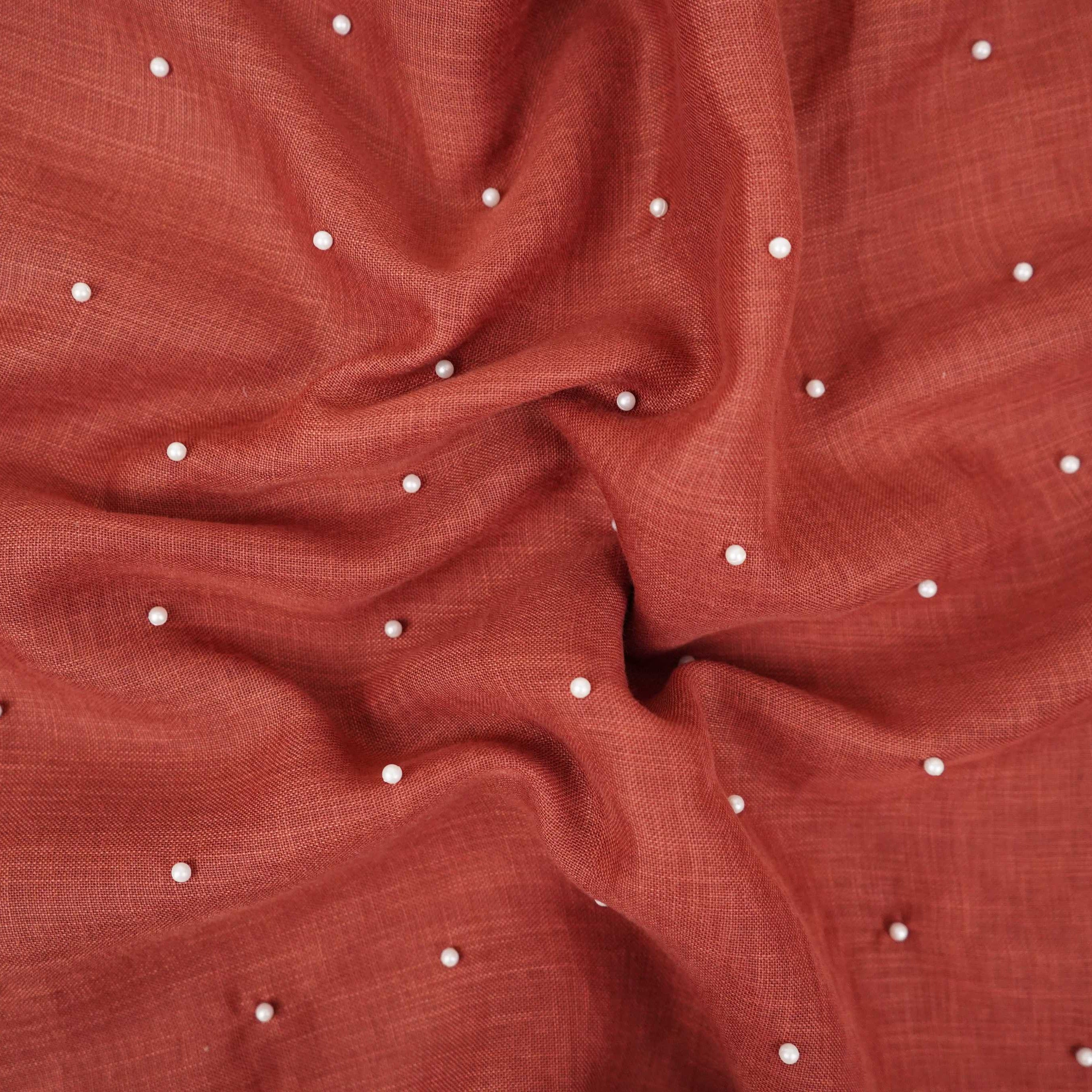 Brick Red Beads Work Linen Fabric SU-31873 - TradeUNO