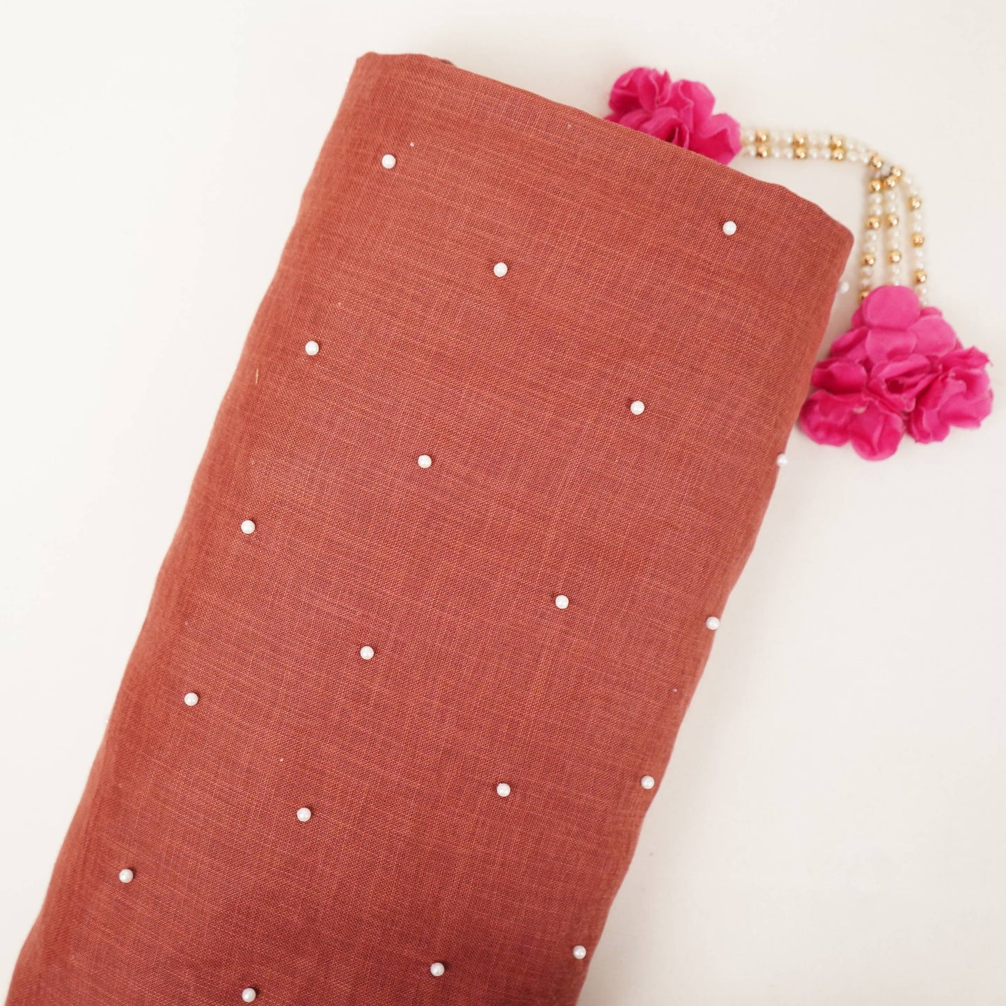 Brick Red Beads Work Linen Fabric SU-31873