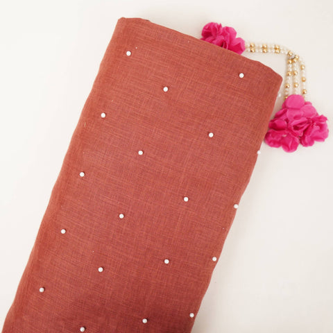 Brick Red Beads Work Linen Fabric SU-31873