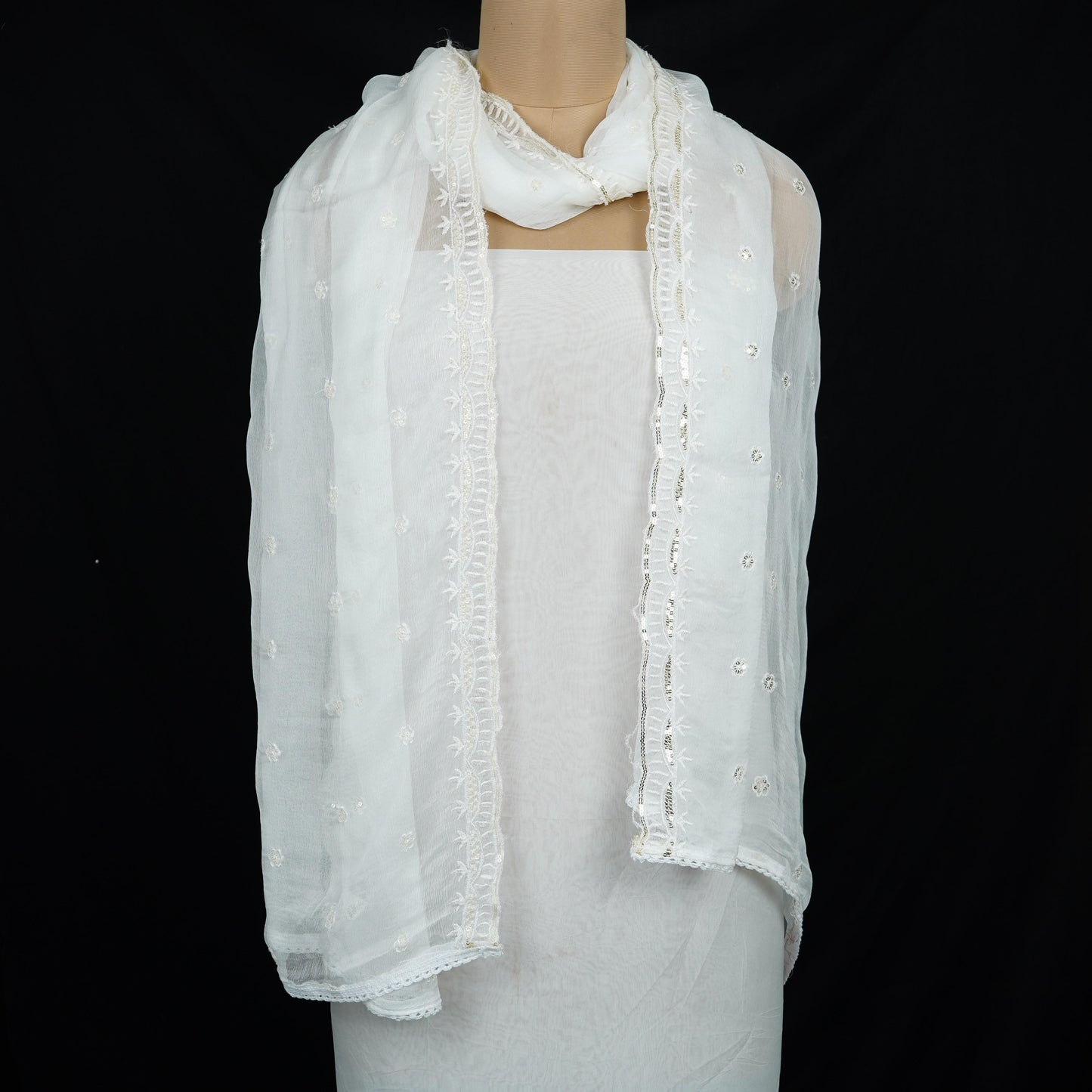 White Dyeable thread embroidery Chiffon Dupatta SST-31023