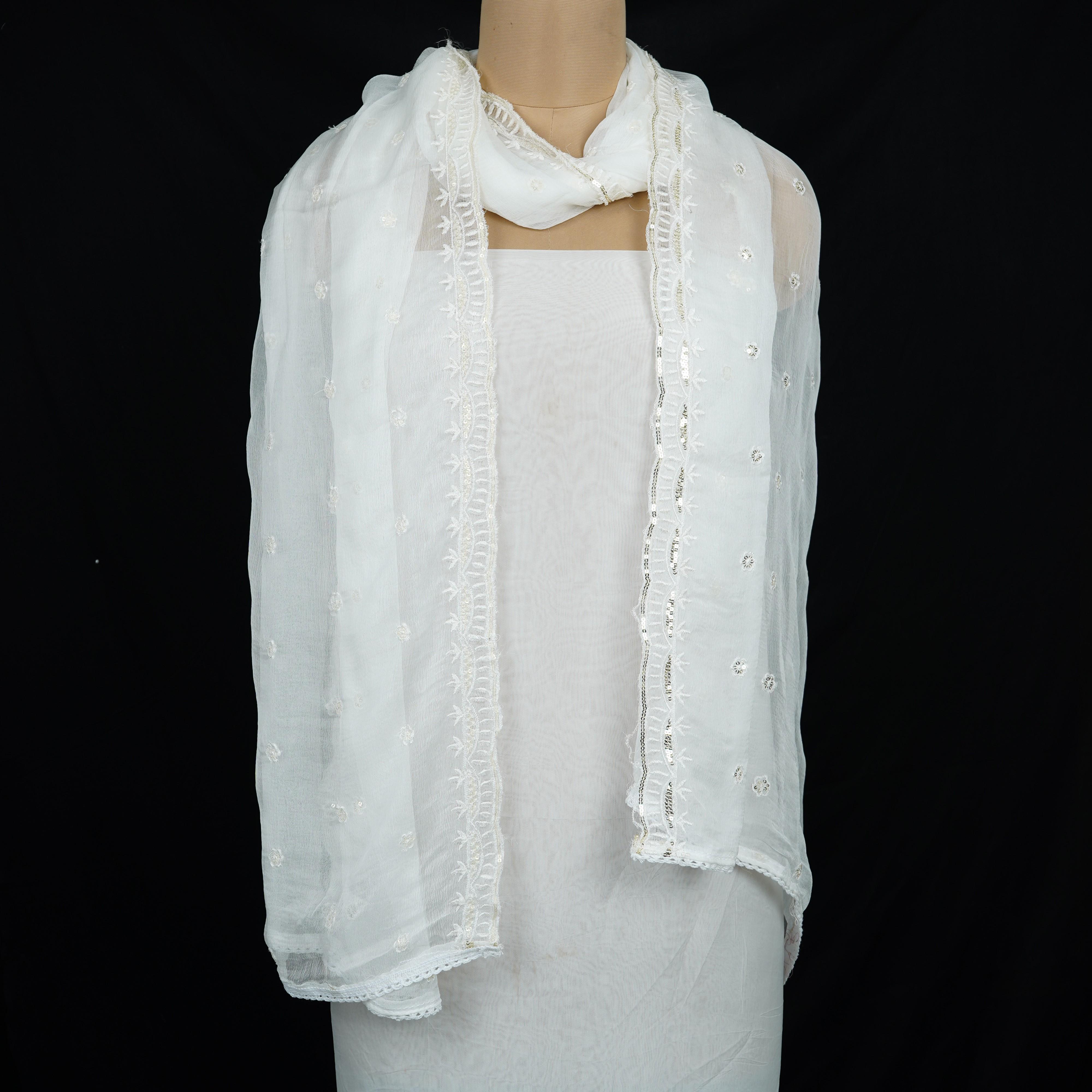 White Dyeable thread embroidery Chiffon Dupatta SST-31023 - TradeUNO