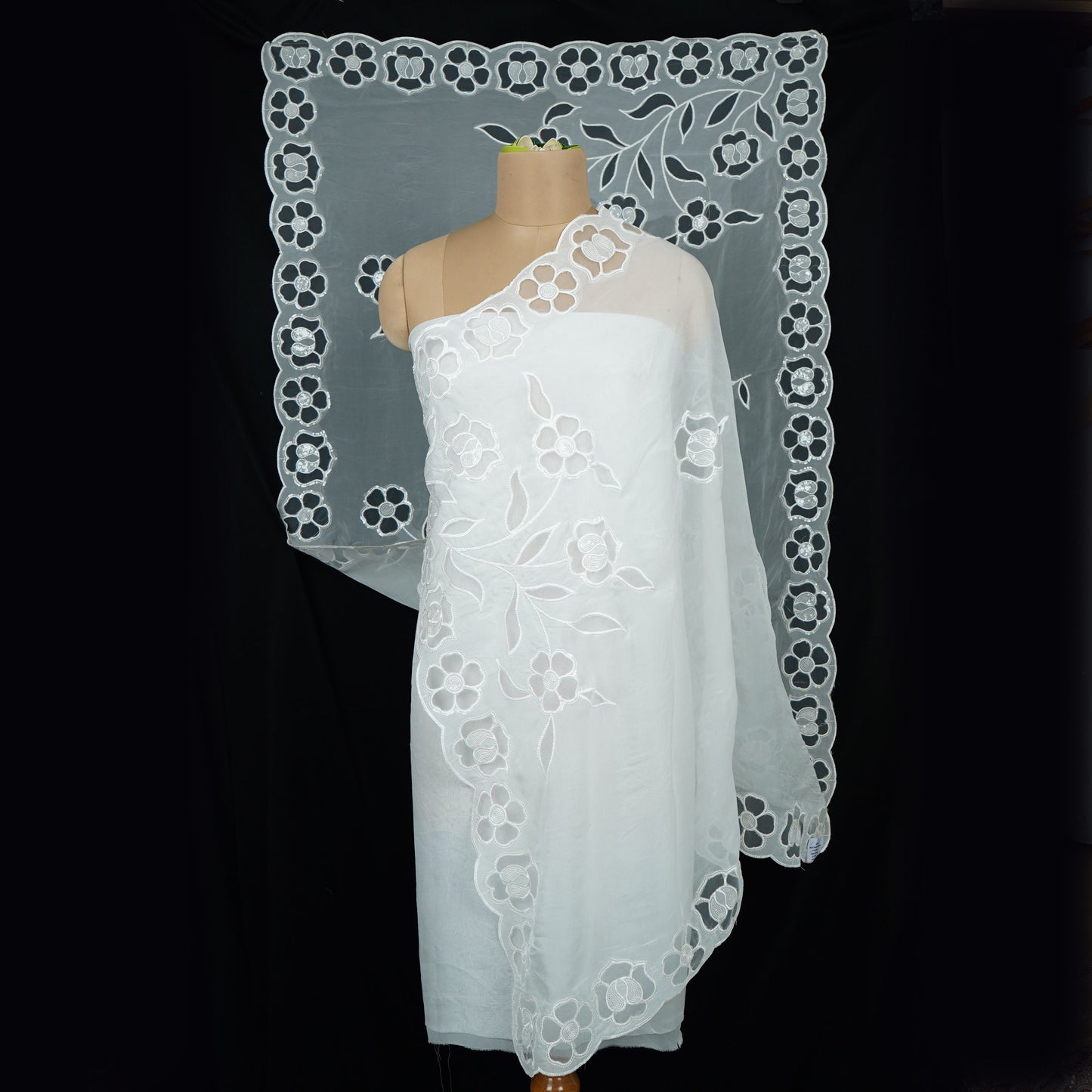 White Dyeable thread floral embroidery Organza Dupatta SST-31025