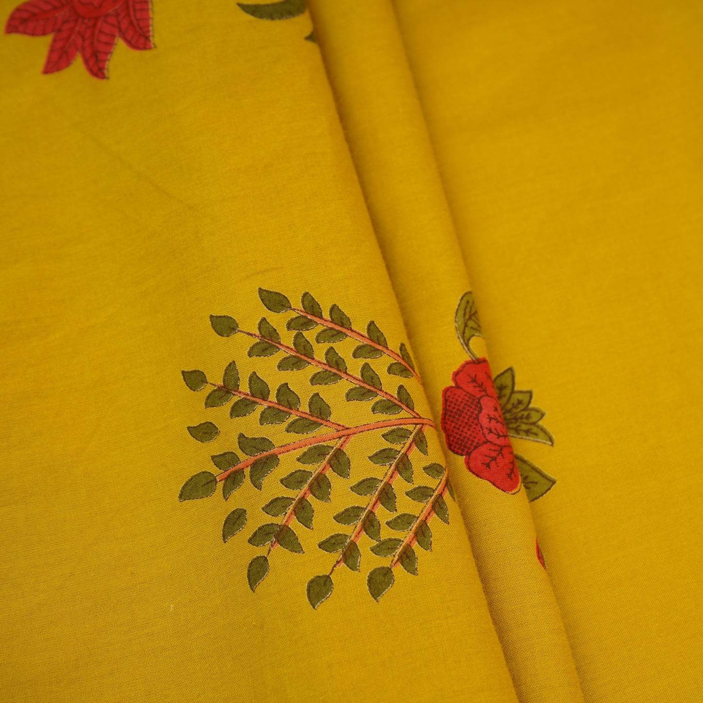 Mustard Floral Handblock Print Cotton Fabric CH-29695