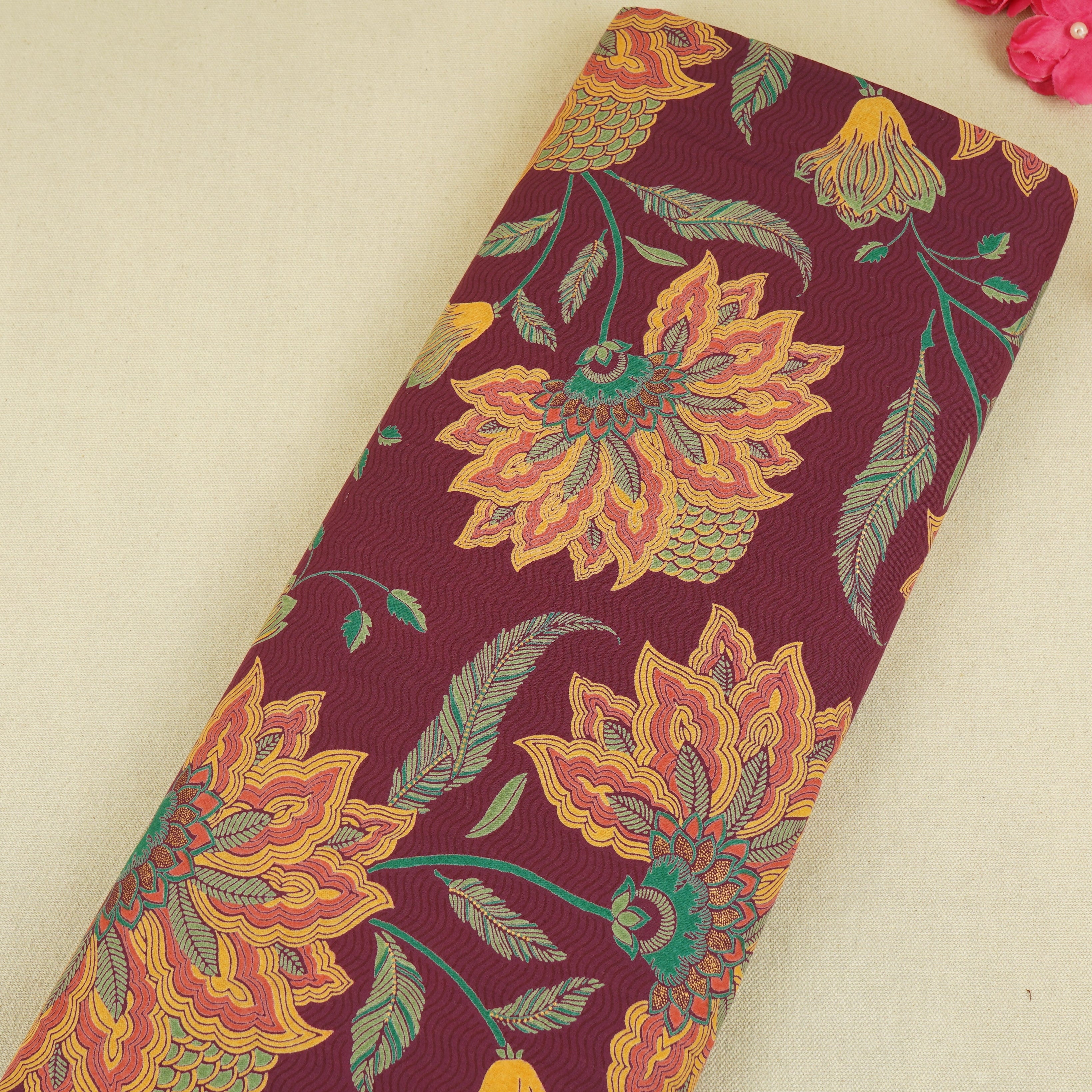 Wine Madhubani Print Cotton Fabric CH-29693 - TradeUNO