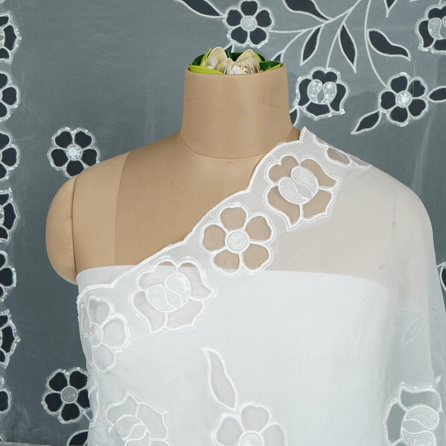 White Dyeable thread floral embroidery Organza Dupatta SST-31025