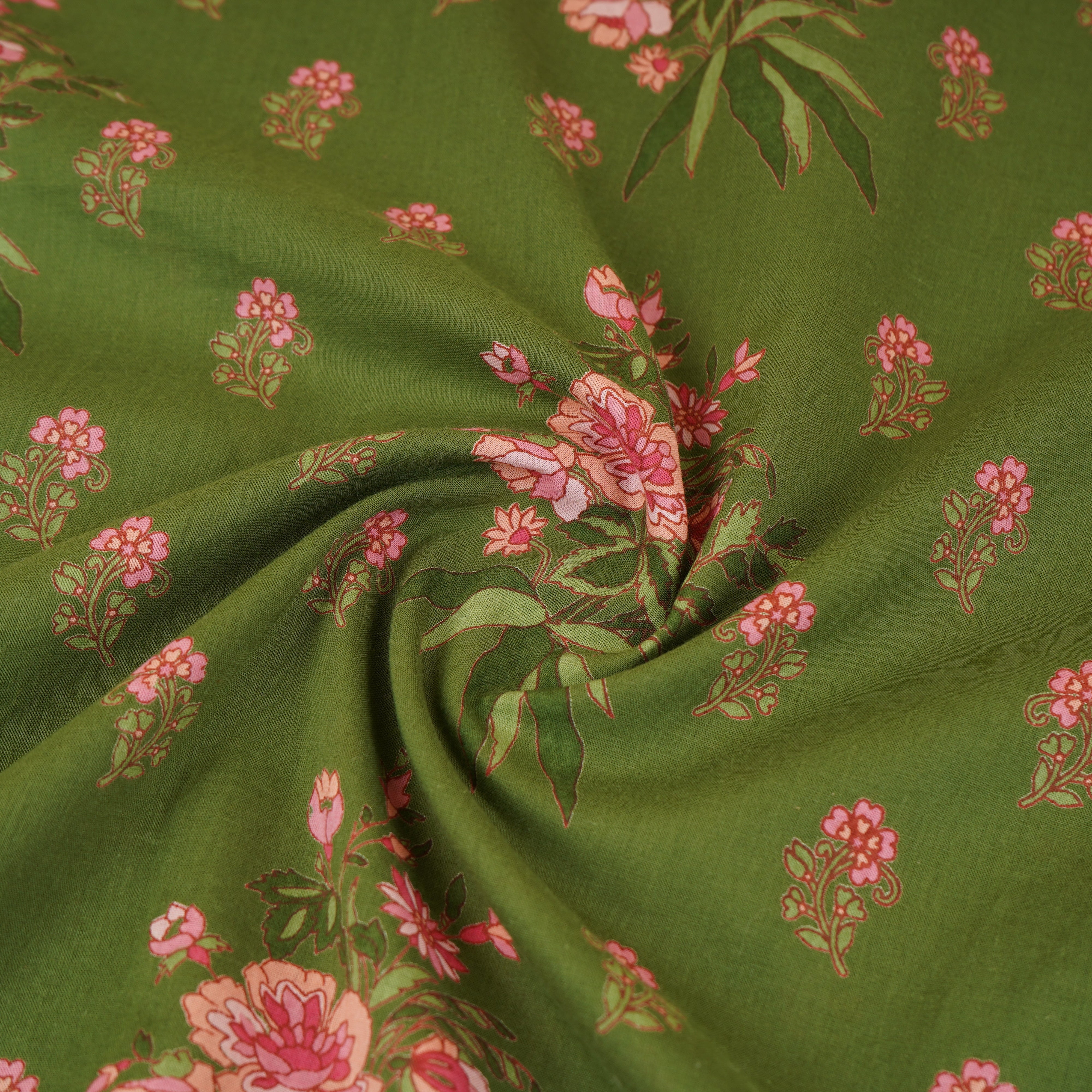 Green Floral Print Cotton Fabric CH-29690 - TradeUNO