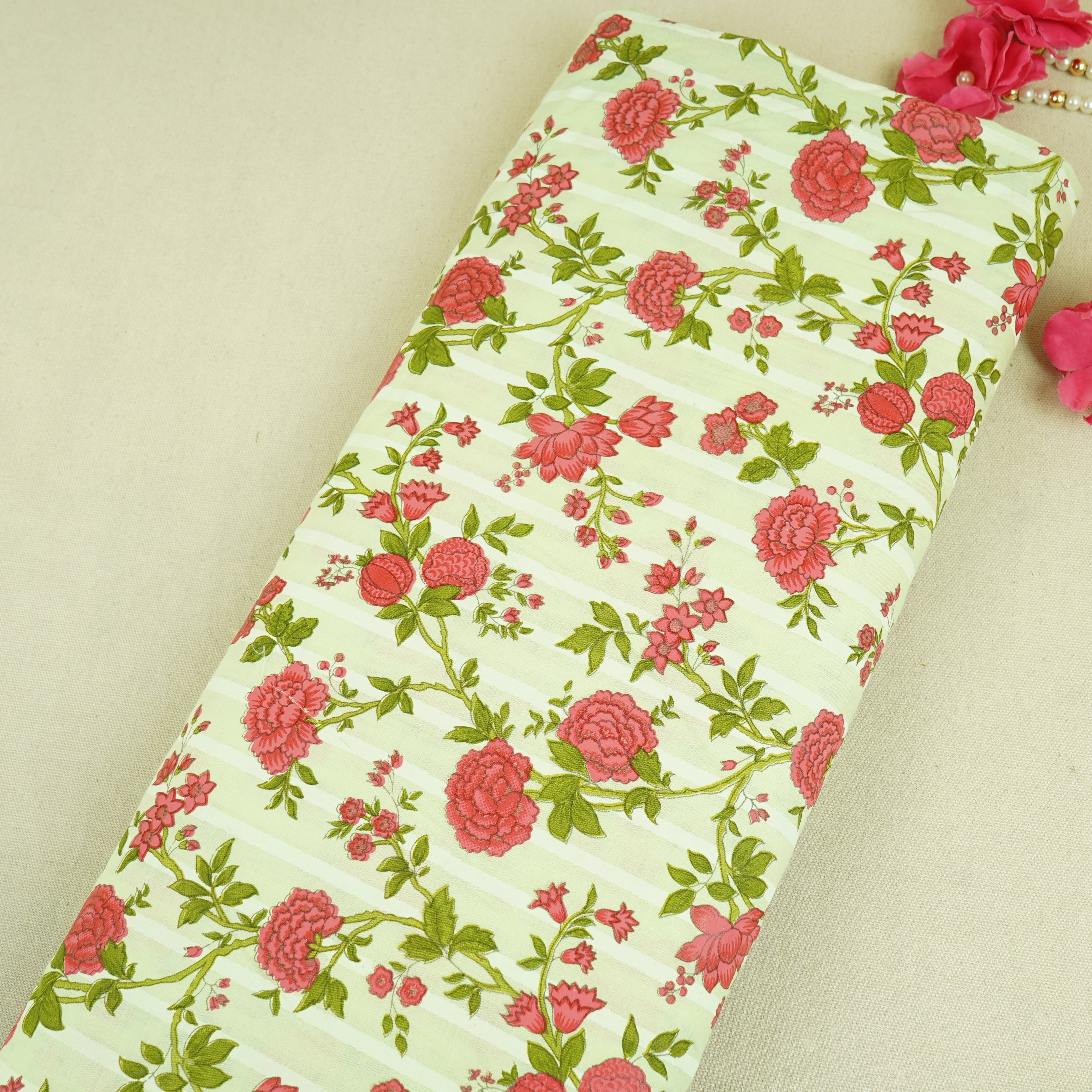 Light Mint Green & Pink Floral Print Cotton Fabric PB-29746 - TradeUNO