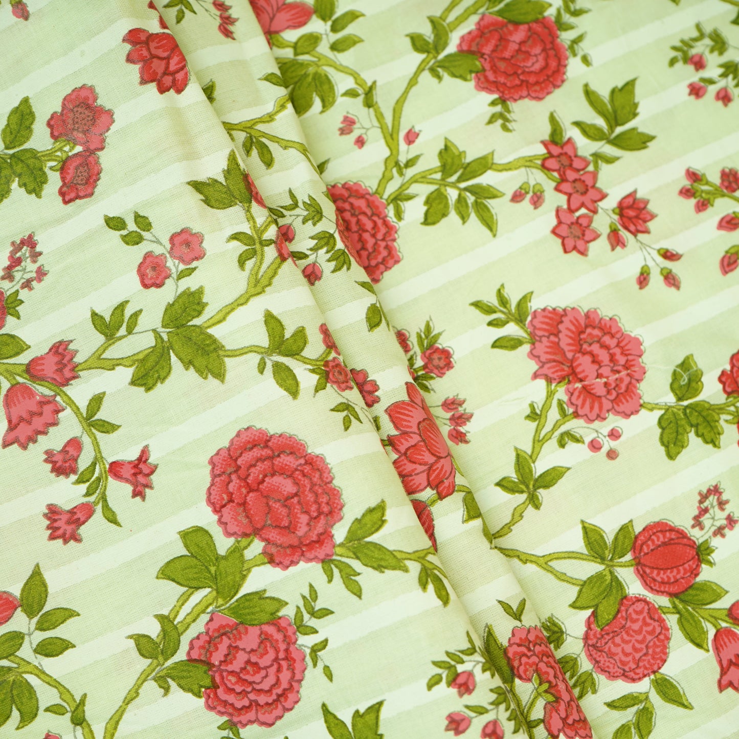 Light Mint Green & Pink Floral Print Cotton Fabric PB-29746