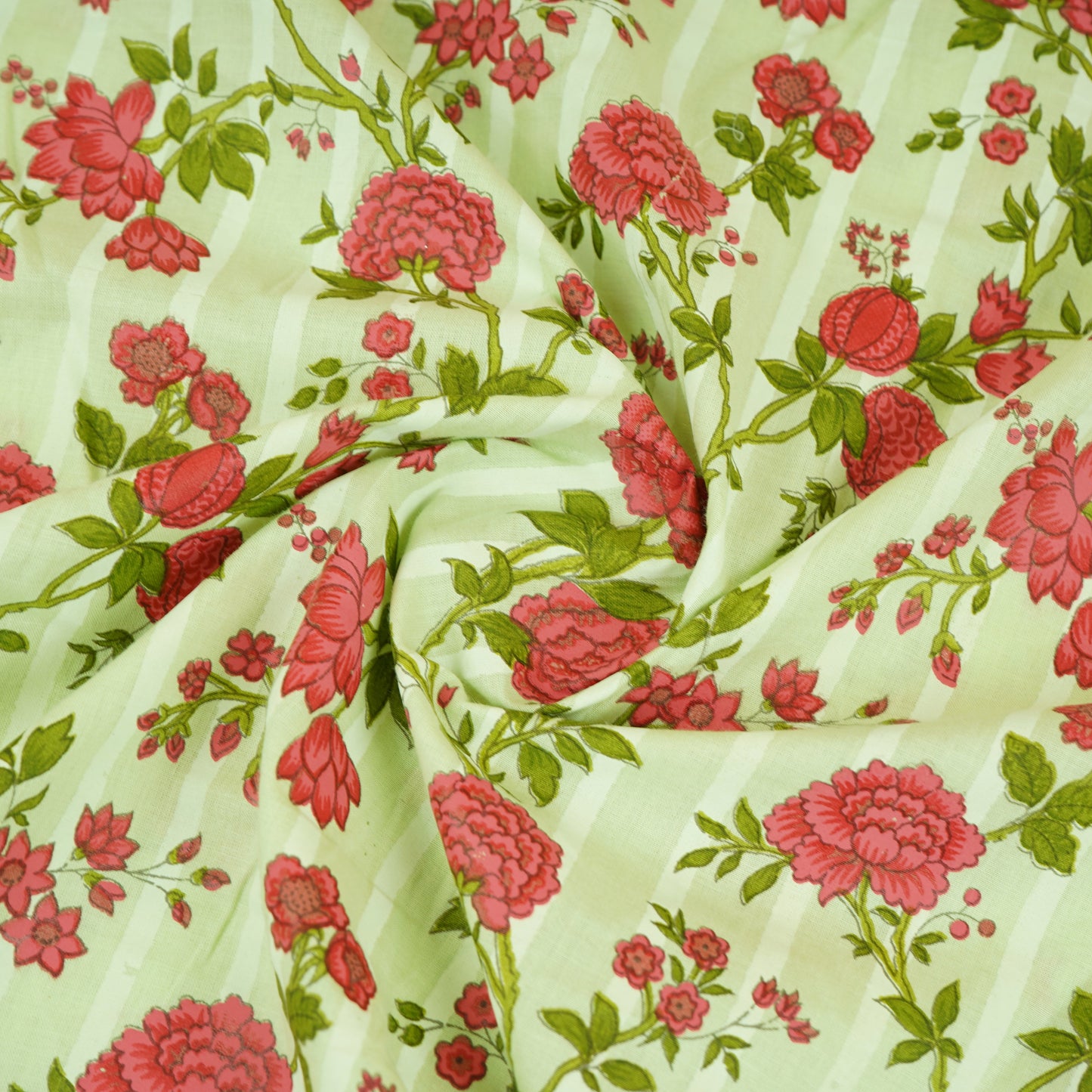 Light Mint Green & Pink Floral Print Cotton Fabric PB-29746