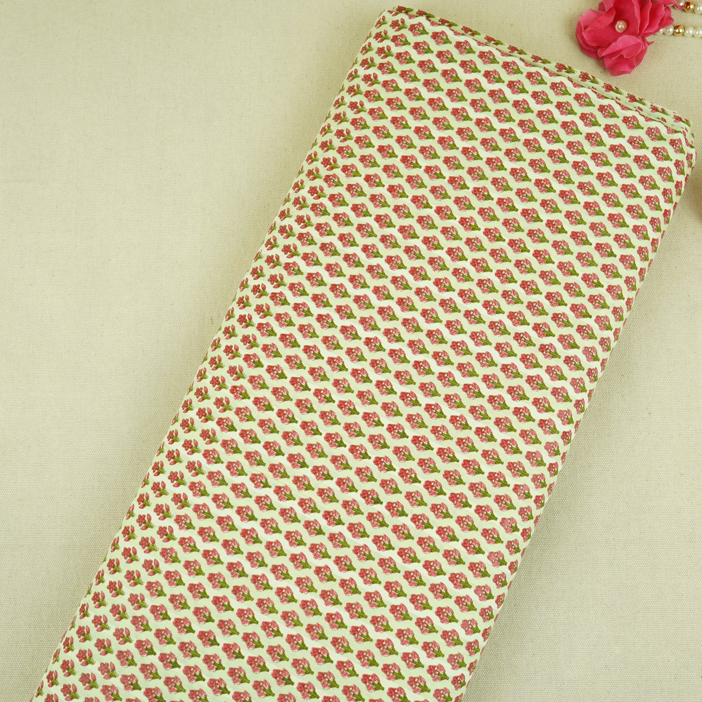 Light Mint Green& Pink Floral Block Print Cotton Fabric PB-29748
